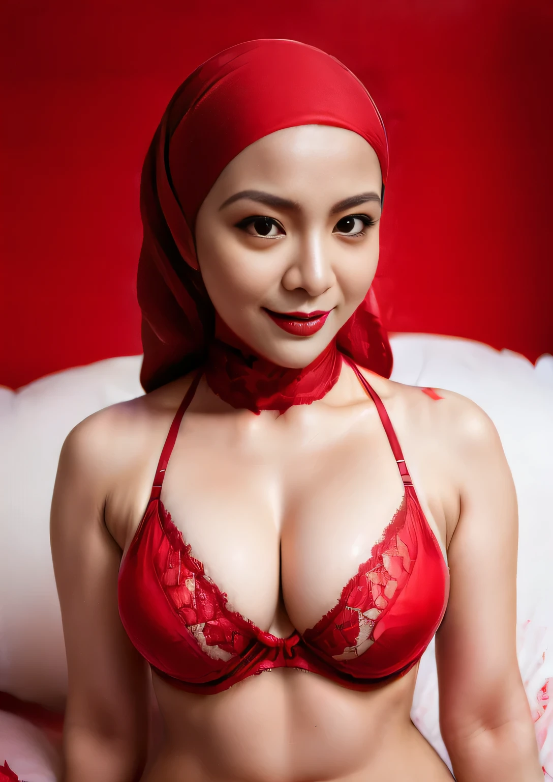 (k, RAW photo, masterpiecel1.4, realistic, photo-realistic, HD quality, best quality, 8k resolution, 2 beautiful malay girl, ((room background)), ((laying down a bed)), ((sleeping on a bed)), ((face viewing camera)), photo of a women girl with red hijab, (lighting), ((medium-breasted), ((perfect body)), ((soft smile face)), ((sexy seductive poses)), ((wearing sexy red lace bra and panties)), ((erotic nipple)), ((milk cum on face))
