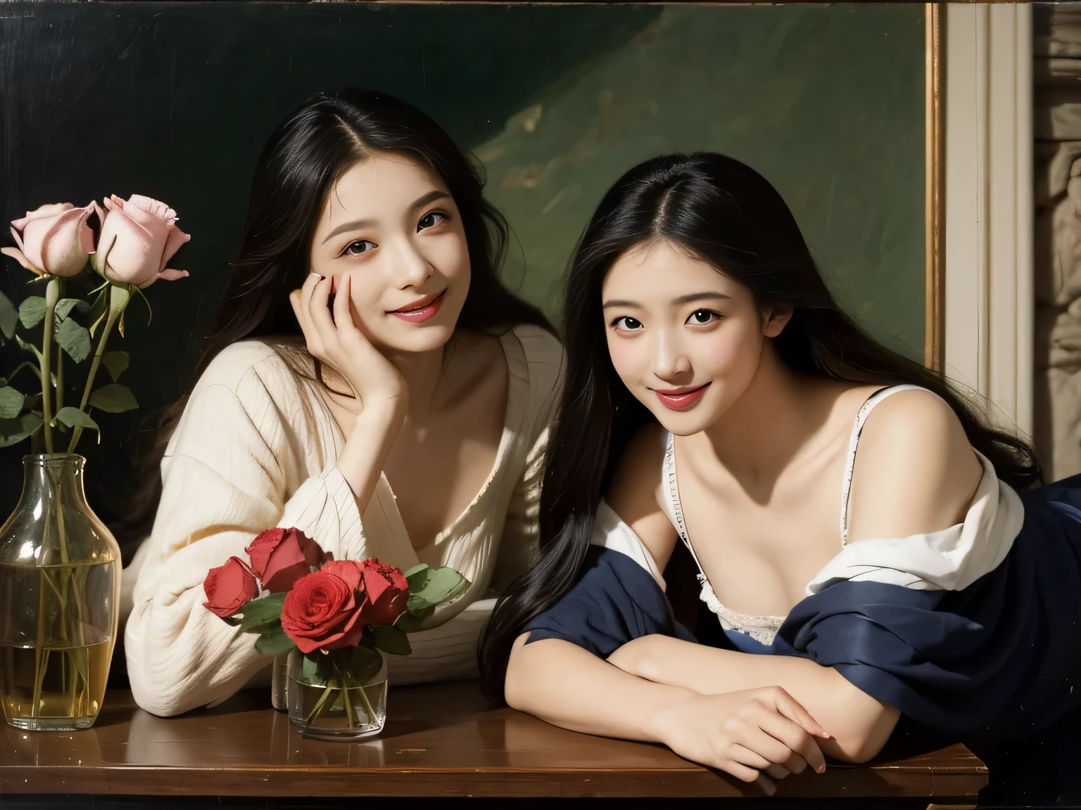 Giorgione painting style,Arguments of two female Philosophe,math、astronomical machine、astronaut、roses in vase、fruits、Cute trinkets、smile、ancient greek costume、Ancient Roman landscape in the style of Nicolas Poussin,laughter,,Sweet and seductive appearance.、Caravaggio's paintings、Chiaroscuro of Caravaggio、hair tousled by the wind,Two women frolicking,cute smile, expression of ecstasy,Sexy,erotic