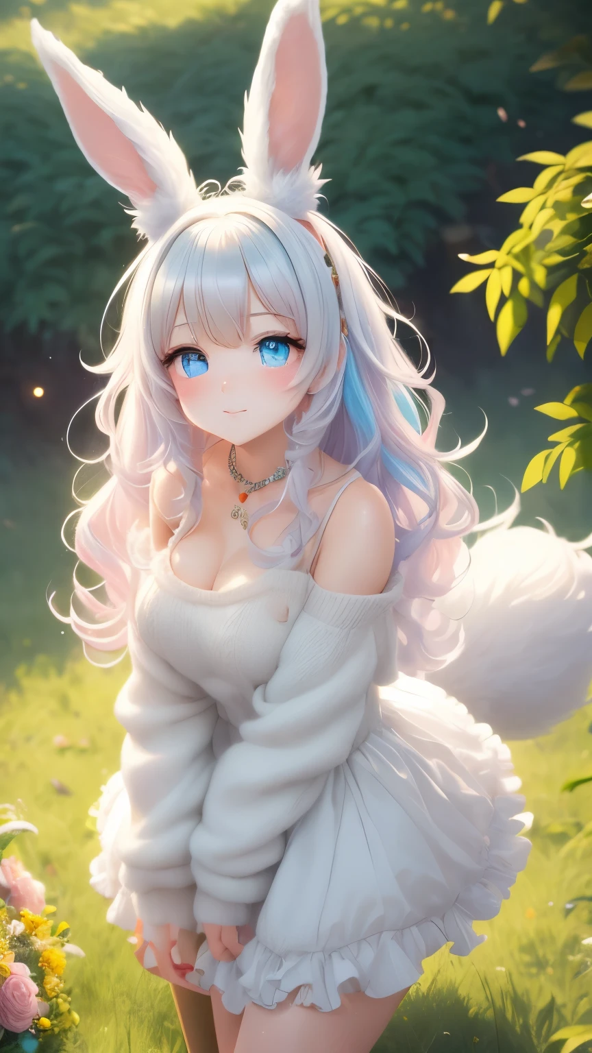 funny furry images, super deformed character, best quality, super fine, 16k, incredibly absurdres, extremely detailed, cute anthropomorphized rabbit beast-woman, wearing loose and fluffy dress, loose and fluffy sweater, loose and fluffy long skirt, dull ivory and khaki color, hiding in the bushes of the grassland, peeking out, BREAK , background variety of visual styles that combine various artistic elements like a sparkling iridescent pastel and vivid colors