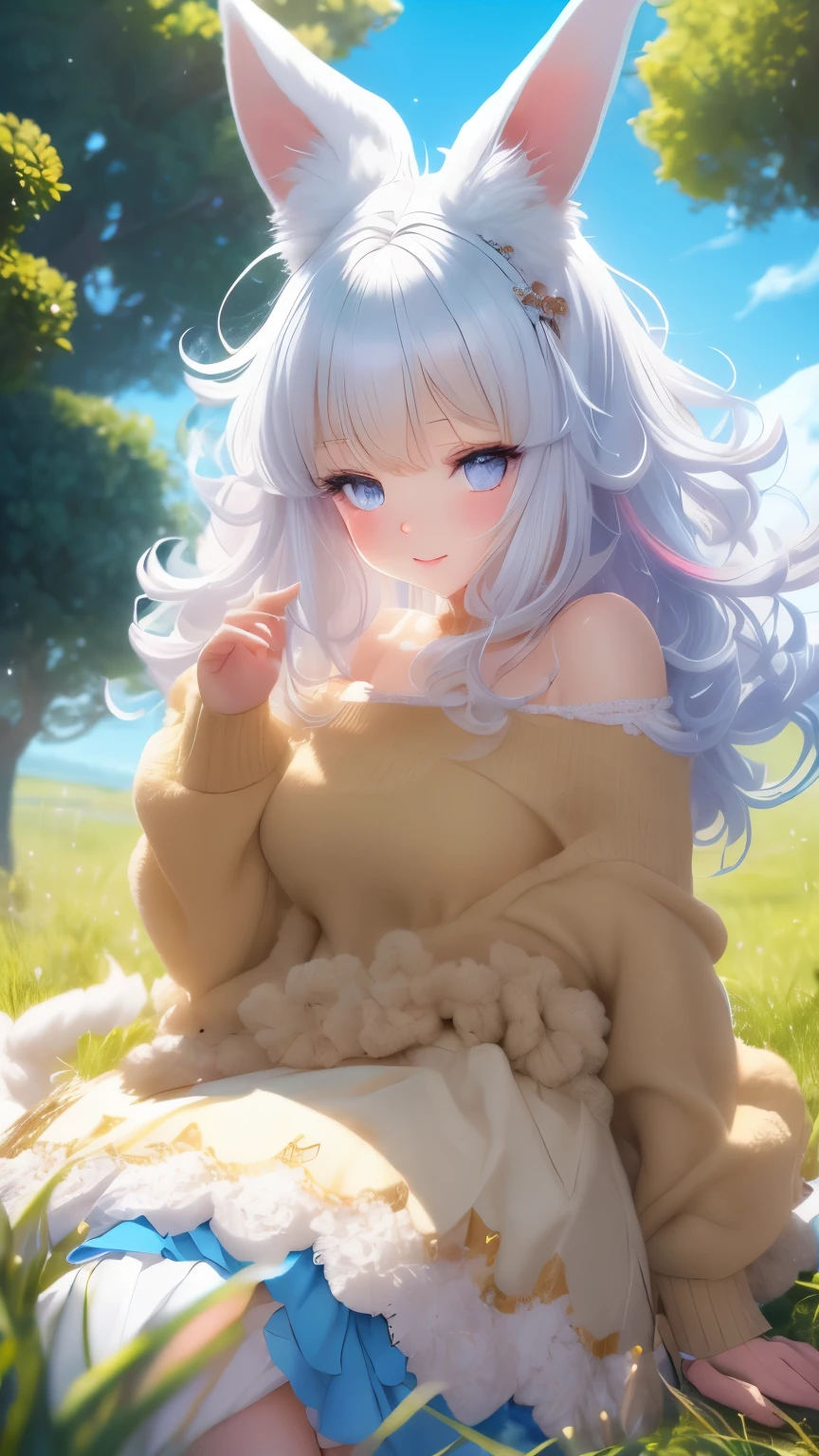 funny furry images, super deformed character, best quality, super fine, 16k, incredibly absurdres, extremely detailed, cute anthropomorphized rabbit beast-woman, wearing loose and fluffy dress, loose and fluffy sweater, loose and fluffy long skirt, dull ivory and khaki color, hiding in the bushes of the grassland, peeking out, BREAK , background variety of visual styles that combine various artistic elements like a sparkling iridescent pastel and vivid colors