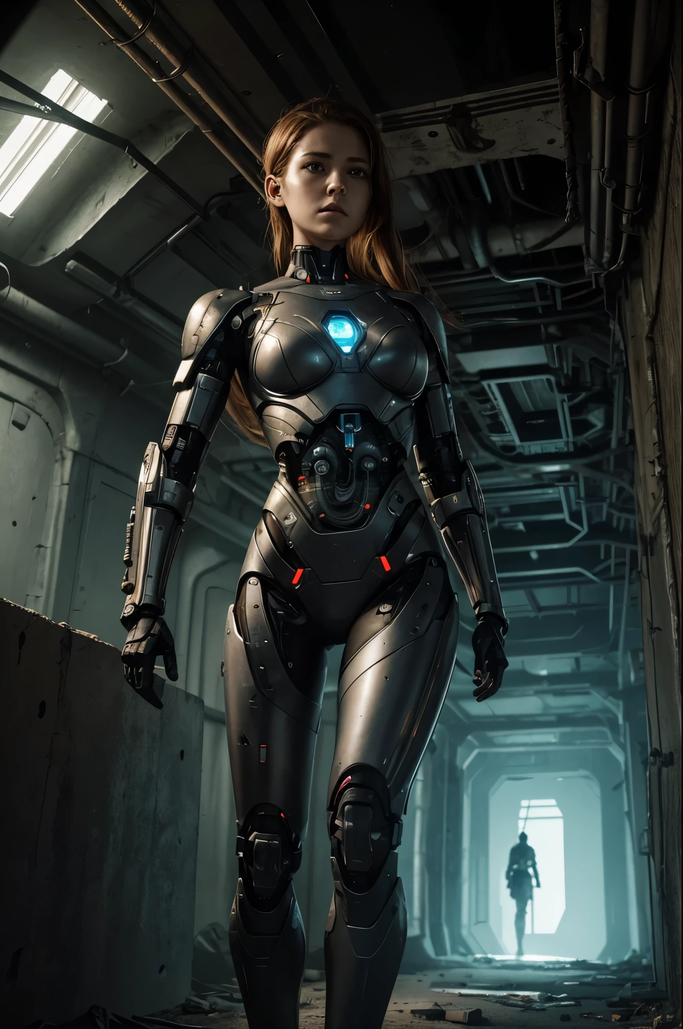 A female cyborg with superhuman abilities slowly makes her way through a dark, abandoned bunker. Her metal joints and titanium limbs carry her almost silently forward, deep into the mysterious structure left behind by mankind many years ago.
Scanners embedded in her eyes scrutinize every nook and cranny, looking for signs of danger or valuable information. Her enhanced hearing picks up the slightest rustle, ready to react to any unexpected movement. Her synthetic skin is virtually desensitized, protecting her from possible attacks.
With each step, the cyborg moves deeper into the bunker. The corridors are filled with dust and cobwebs, the once functional control panels now covered in rust. Cyborg notices signs of other creatures, perhaps other cyborgs or mutated creatures that used to inhabit this dungeon.
A growing sense of unease causes her to proceed more cautiously. She is ready to activate her built-in weapon systems at a moment's notice to fight back against any unexpected threat. Her attention is fully focused on exploring the bunker, scanning every corner for valuable information that might shed light on what happened in this mysterious place., 4K, 8k
