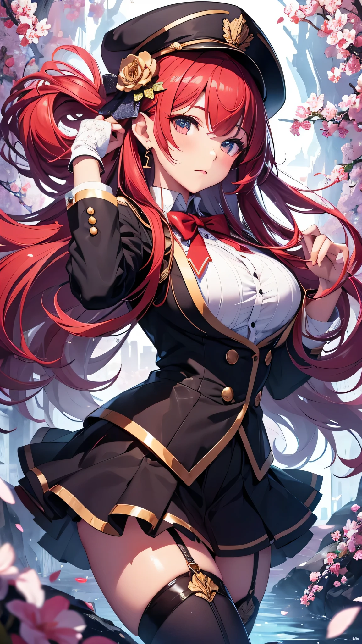 最high quality、best image quality、masterpiece、girl((18-year-old、 By becoming、vest bust、medium bust,wide open breast tea、shining eyes, glowing red hair、long hair、thin,highest valley、、black sailor suit、short skirt、Wristband、black gloves、hat)),high quality、beautiful art、background((luxurious school))、Flight、debris flies、Depth of written boundary、movie、visual art、perfect art、8K,genuine、