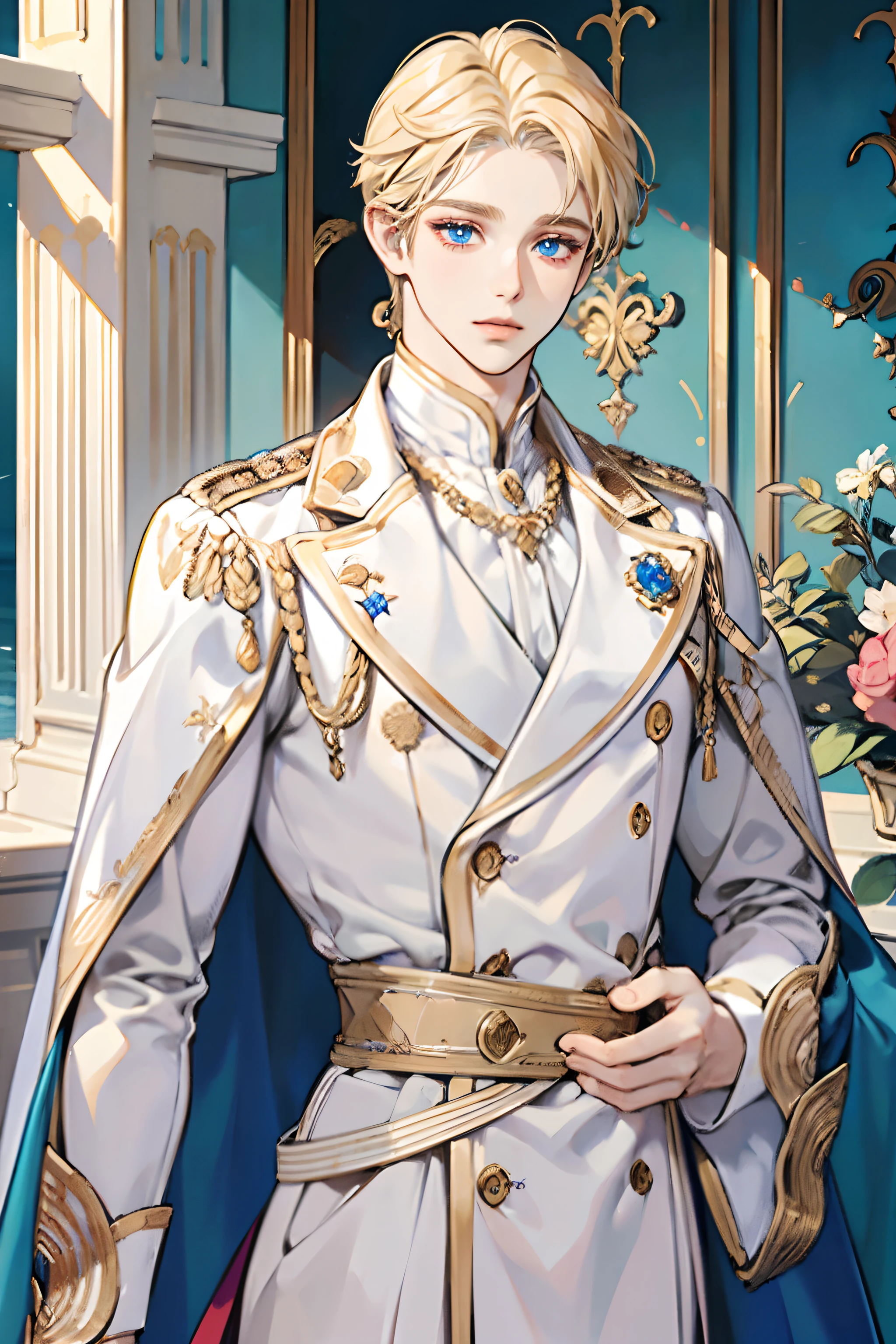1 menino, jovem macho, Corpo masculino perfeito,Eyes look at the camera, (Principe, Traje real branco, com cabelo dourado curto, olhos azuis, sad expression),testa,rastreamento de raio,retrato, meio corpo,marble columns,(obra-prima, high resolution, ultra-detalhado:1.0)