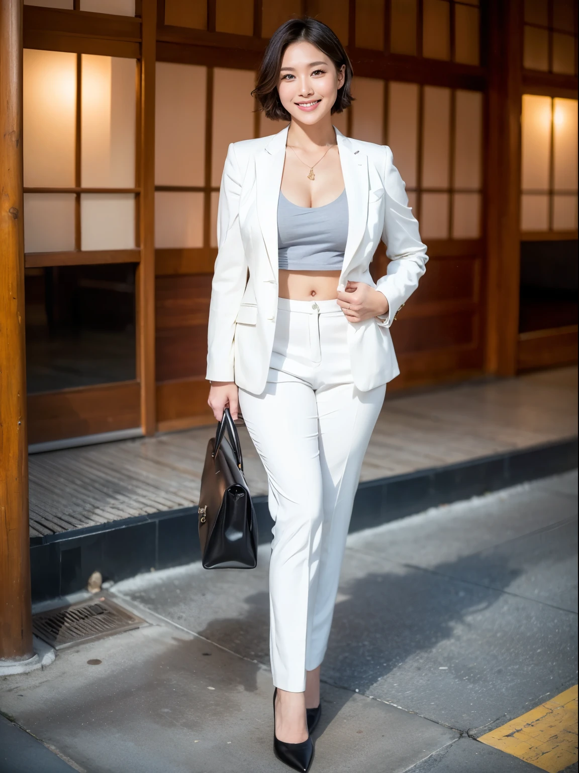 (Raw photo:1.2), (realistic:1.4),beautiful detailed woman,非常にfine eyesと顔, fine eyes, Super detailed,High resolution, very detailed,highest quality,enlightenment,unified,8k wallpaper,masterpiece,highest quality,1 female,alone,rich,Full body Esbian,(Slightly chubby body type:0.8),meaty legs,alone,(white business suit:1.4),(high heels:1.2)、(have a business bag:1.4),jewelry, necklace ,short hair,gentle smile,dignified atmosphere,black eye,realistic, (On the sidewalk of Wall Street in New York:1.1),(standing upright:1.4),(Going to work:1.2)
