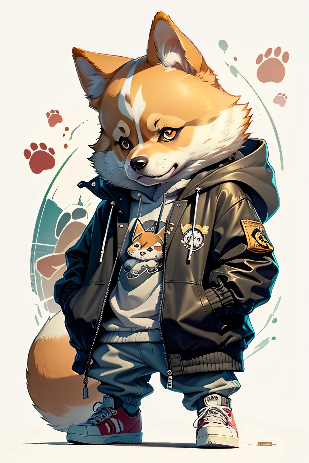 c4tt4stic, Cartoon dog breed Shiba Inu with jacket and skateboard