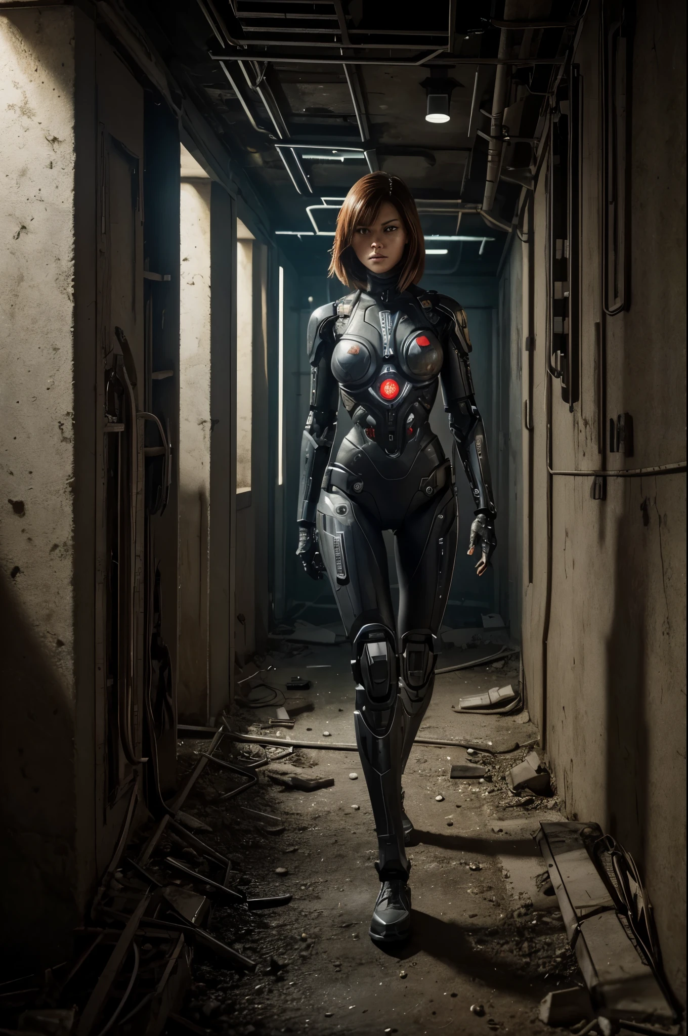 A female cyborg with superhuman abilities slowly makes her way through a dark, abandoned bunker. Her metal joints and titanium limbs carry her almost silently forward, deep into the mysterious structure left behind by mankind many years ago.
Scanners embedded in her eyes scrutinize every nook and cranny, looking for signs of danger or valuable information. Her enhanced hearing picks up the slightest rustle, ready to react to any unexpected movement. Her synthetic skin is virtually desensitized, protecting her from possible attacks.
With each step, the cyborg moves deeper into the bunker. The corridors are filled with dust and cobwebs, the once functional control panels now covered in rust. Cyborg notices signs of other creatures, perhaps other cyborgs or mutated creatures that used to inhabit this dungeon.
A growing sense of unease causes her to proceed more cautiously. She is ready to activate her built-in weapon systems at a moment's notice to fight back against any unexpected threat. Her attention is fully focused on exploring the bunker, scanning every corner for valuable information that might shed light on what happened in this mysterious place., 4K, 8k