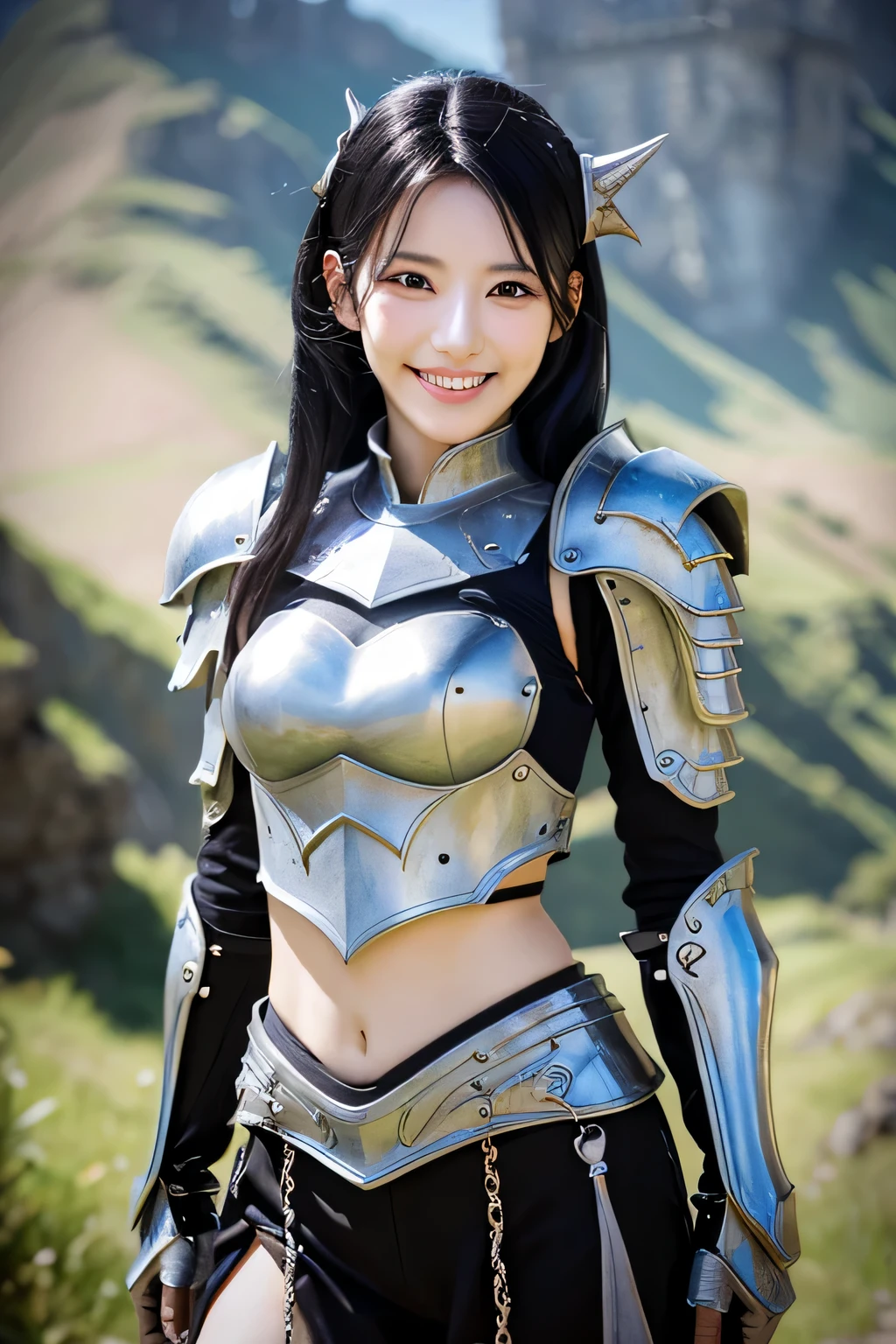 highest resolution, 4k, masterpiece: 1.3), japanese mature, women pictures, sexy, fine eyes, slender body shape, realistic teeth, double eyelid, full body, highest quality, become familiar with, equipped with armor, in a fantasy world, The background is a castle、black hair、smile、beautiful teeth、two beautiful women chatting、luxurious silver armor、Dragon Helm、full body photo、has a spear