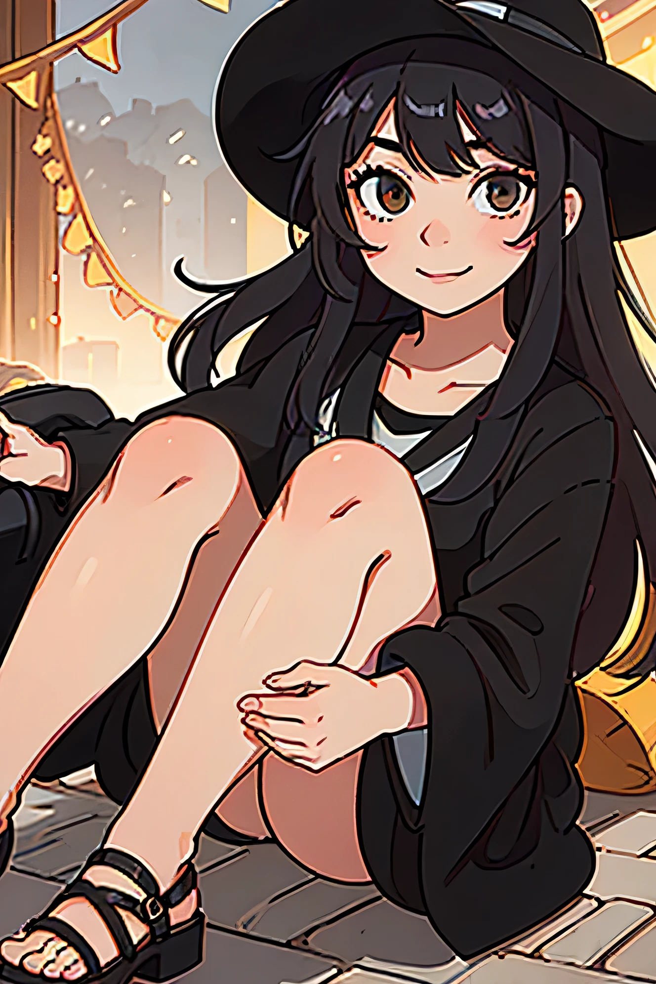 mexican woman、hair color is black、Hair length is semi-long、wheat muscle、Hairstyle is straight、Attractive smile、bright personality、adult atmosphere、Height: 165cm、、black dress、Shoes Sandals、Summer hats、professional lighting、very detailed、Super detailed８K、An illustration、Close-up、high resolution、Eye color is black brown、estonia、Tallinn square、daytime