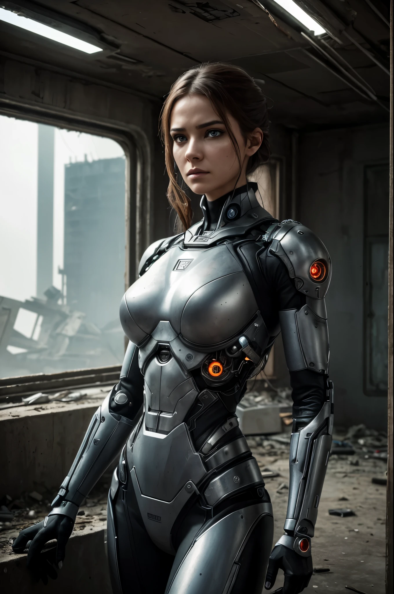 ray tracing, bokeh, Eye-Level Shot, 35mm, Canon, highres, anatomically correct, masterpiece, 8k, 4K, best quality, award winning, The cyborg woman stood in the center of the dilapidated bunker, her mechanical body seemingly an integral part of this gloomy space. Steel plates, tubes, and wires intertwined with her artificial flesh, forming a bizarre symbiosis of the human and the technological., Her face, devoid of the usual emotions, resembled a polished mask that hid something unknown. But her eyes, radiating a cold, calculating gaze, betrayed an undercurrent of strength and determination., The scattered pieces of furniture covered in dust testified to the abandonment of the place. However, the cyborg woman seemed completely unperturbed, as if this was her own world, separate from the rest., Her mysterious appearance and frozen posture gave off a sense of mystery. Perhaps she was waiting, watching, analyzing - or simply pondering her purpose in this dilapidated, homeless world. Her presence created an atmosphere of tension, as if she were the last bastion of technological superiority in this gloomy, abandoned bunke, 4K, 8k