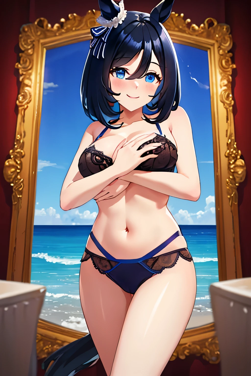 eishin flash\(Umamusume\), super detailed face, masterpiece, highest quality, light smile, blush, wave hands, ((super detailed face)), slender girl, whole body, (((In underwear))),horse tail, light smile, fine and clear eyes, (Medium chest),(bra),(elaborately designed panties),((nsfw))butt