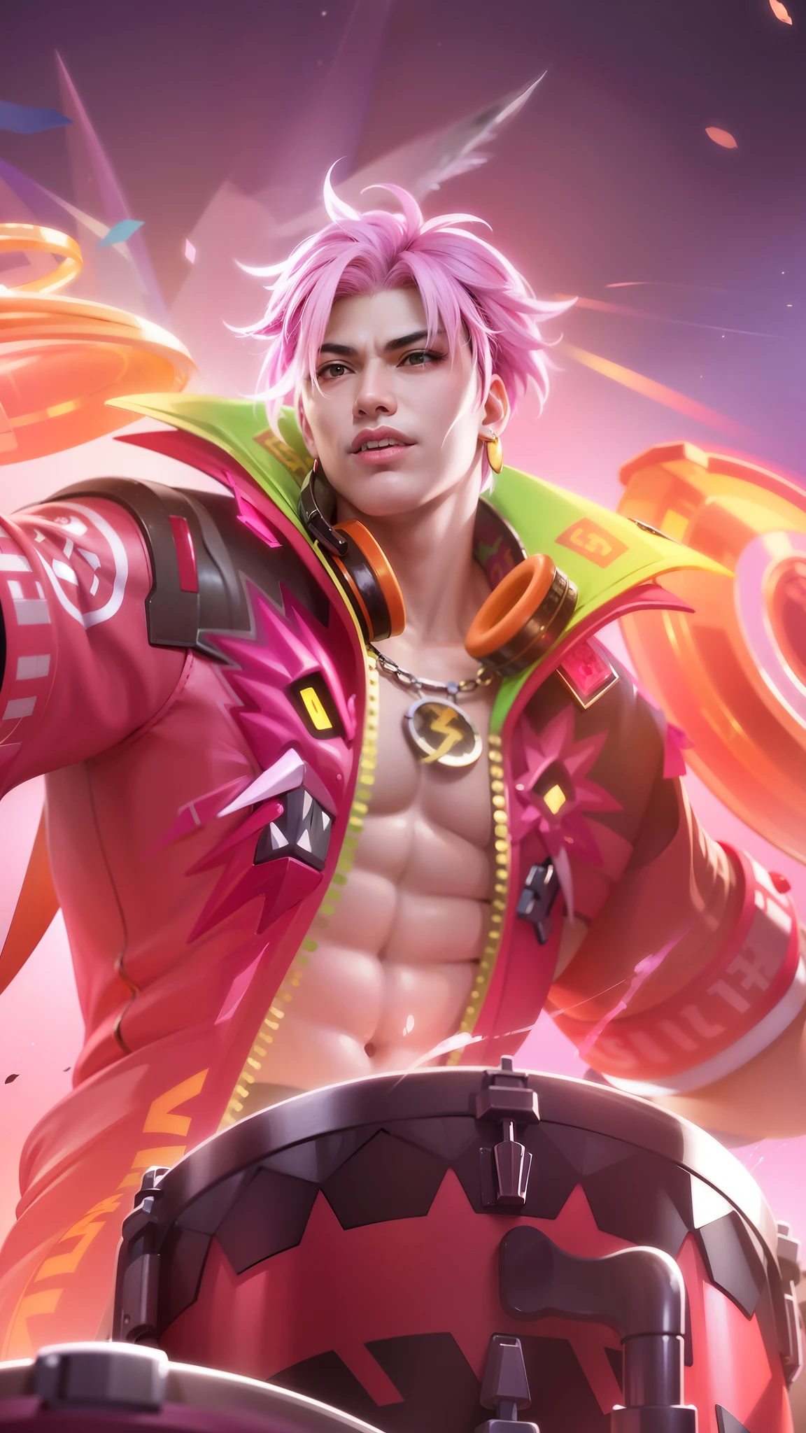 a man with a pink jacket and a drum in his hand, mobile legends, extremely detailed artgerm, sakimichan frank franzzeta, ig model | artgerm, inspired by Huang Shen, zhongli from genshin impact, heise jinyao, inspired by Pu Hua, keqing from genshin impact, rossdraws cartoon vibrant, pink hair