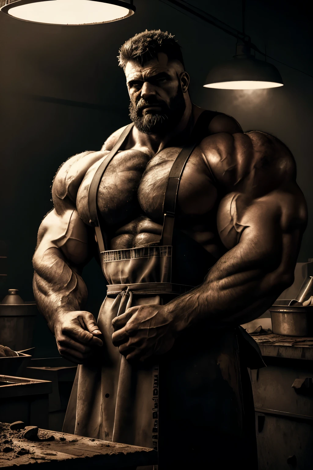 brutalmass man in apron,portrait,dark,grimy,dusty,hard-working,industrial,steel,heavy,smoky,handsome,strong,expressionless,serious,scruffy,bearded,rough,dirty,stoic,caged light,bold strokes,vibrant colors,high contrast,black and white:1.2,gritty texture