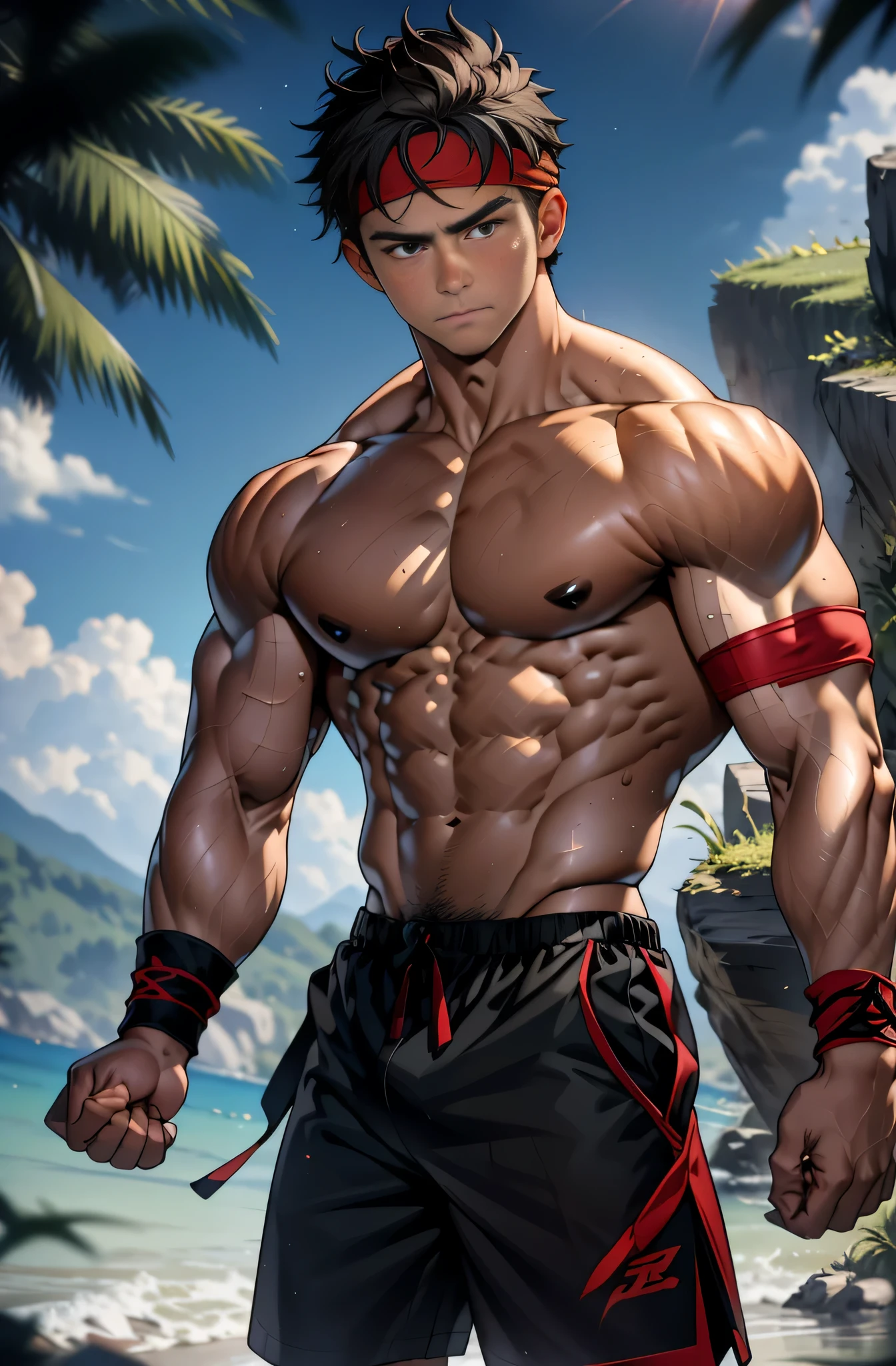 (Masterpiece, Best quality 17 year old boy, Shota), solo, Young, boy, Dark Short hair, full bodyesbian, Shirtless, babyface, topless, (Dark Short straight hair, under cut, brown eyes), Shirtless, topless, (red headband, black shorts, ((black wristband))), Vivid colors,(Depth of field:1.2), (hot Abs, big breast, upper arms), (topless male), view the viewer, closed mouth, serious, topless male, tight muscler body, Man with martial arts stance, epic kung fu pose,