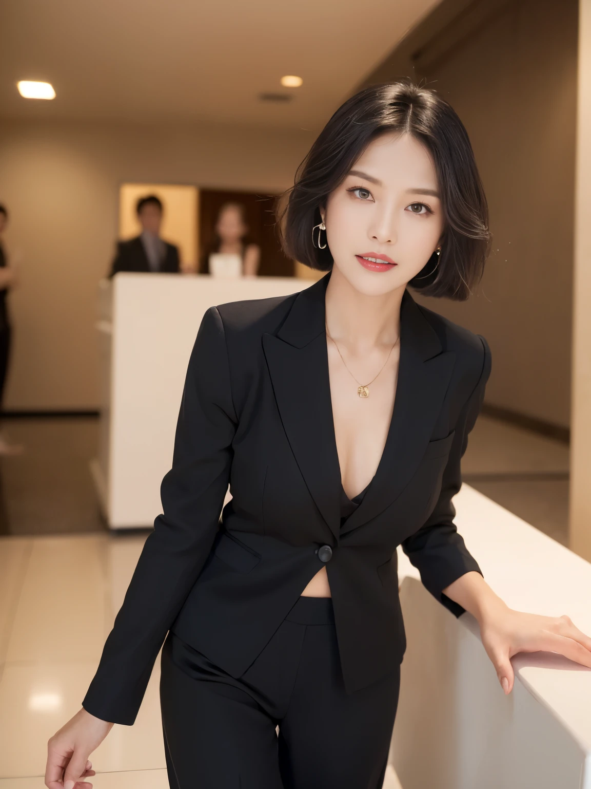 one mature japanese woman、38 years old、looking at the viewer,beautiful skin、Glossy skin that looks wet、,wet hair、black short hair,necklace,earrings、wearing red lipstick、beautiful clavicle,beautiful fingers,full body portrait,(Photoreal:1.3),(Raw photo), (table top,highest quality,Ultra high resolution output image), (8K quality), Solid Circle Eye, light smile, bob cut, opened my eyes, surrealism, anaglyph, stereogram, cinematic lighting, nikon, Super detailed, highest quality, anatomically correct, masterpiece、,(black business suit:1.5),(blouse with black frills:1.5)、(black wool pants:1.4)、(short boots:1.2)、(D cup breasts:1.1)、Meaty legs、(Reception lobby of modern business building:1.4)、(comme des garçons clothes:1.4)