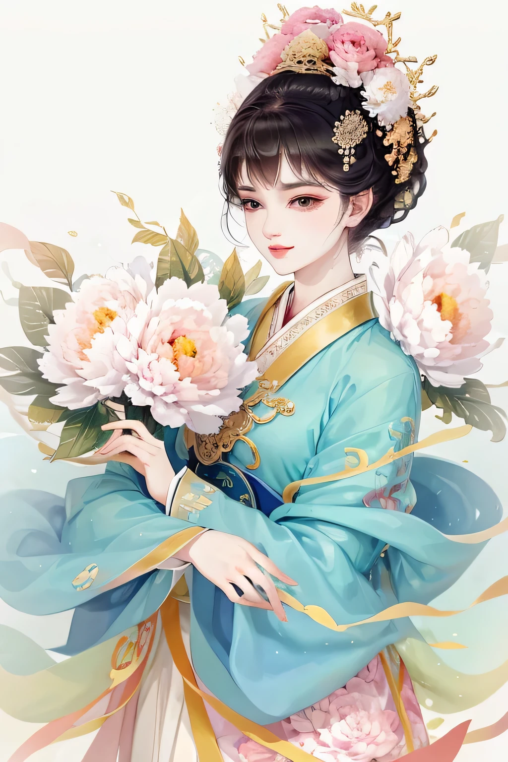 An elegant 16 years old ancient Chinese beauty, wearing pastel pink ancient Chinese clothing, hide hands in sleeves, lazy pose flowing tulle, light bright color silk, big peony leaf, peony flower, ink painting style, clean color, decisive cut, blank space, masterpiece, super detailed , epic composition, bright background