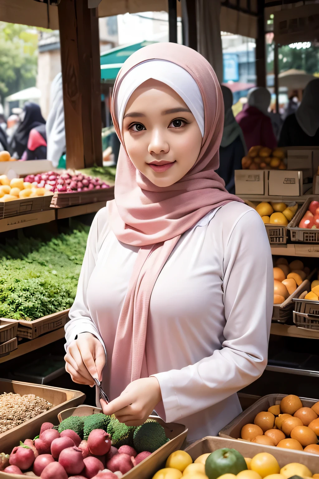 (best quality,4k,8k,highres,masterpiece:1.2),ultra-detailed,(realistic,photorealistic,photo-realistic:1.37),A beauty naked Malay woman with hijab in market,beautiful detailed eyes,beautiful detailed lips,extremely detailed eyes and face,longeyelashes,[biggest] breast areola nipple [detailed],show pubic hair,[market scene:detailed, vibrant],colorful hijabs,traditional Malay clothing,[crowded market:1.3],[aromatic spices market],colorful fruits and vegetables,exotic Middle Eastern architecture,vibrant marketplace atmosphere,[aromatic street food vendors:1.1],[lush greenery],sunny day with soft natural lighting,bokeh effect