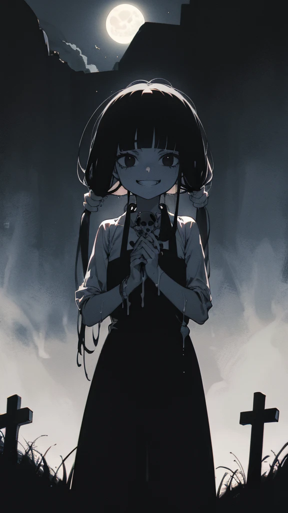 6 year old girl,1girl,,blunt bangs,very long black hair,black eyes,pale skin,centipede,,hair over both eyes,grin,,,,,from below,,,one piece dress,ghost girl,muddy,,moon reflected on the water,tousled hair,back,,,,,cemetery,,blue light,backlight,,contemptuous look,sadistism,,upper body shot,,skull,,,hand,,,