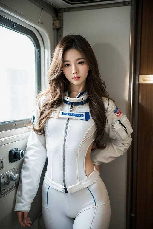 photorealistic,best realistic quality:1.1),(photography:1.1),(high resolution), (Extremely detailed and realistic faces),half-body,(Realistic human skin),(one guys),(1beautiful female Thai-half-Korean, 25-years-old white skin,long light brown wavy hair, wear sexy Tight-fitting astronaut suit,) Room in the space station.