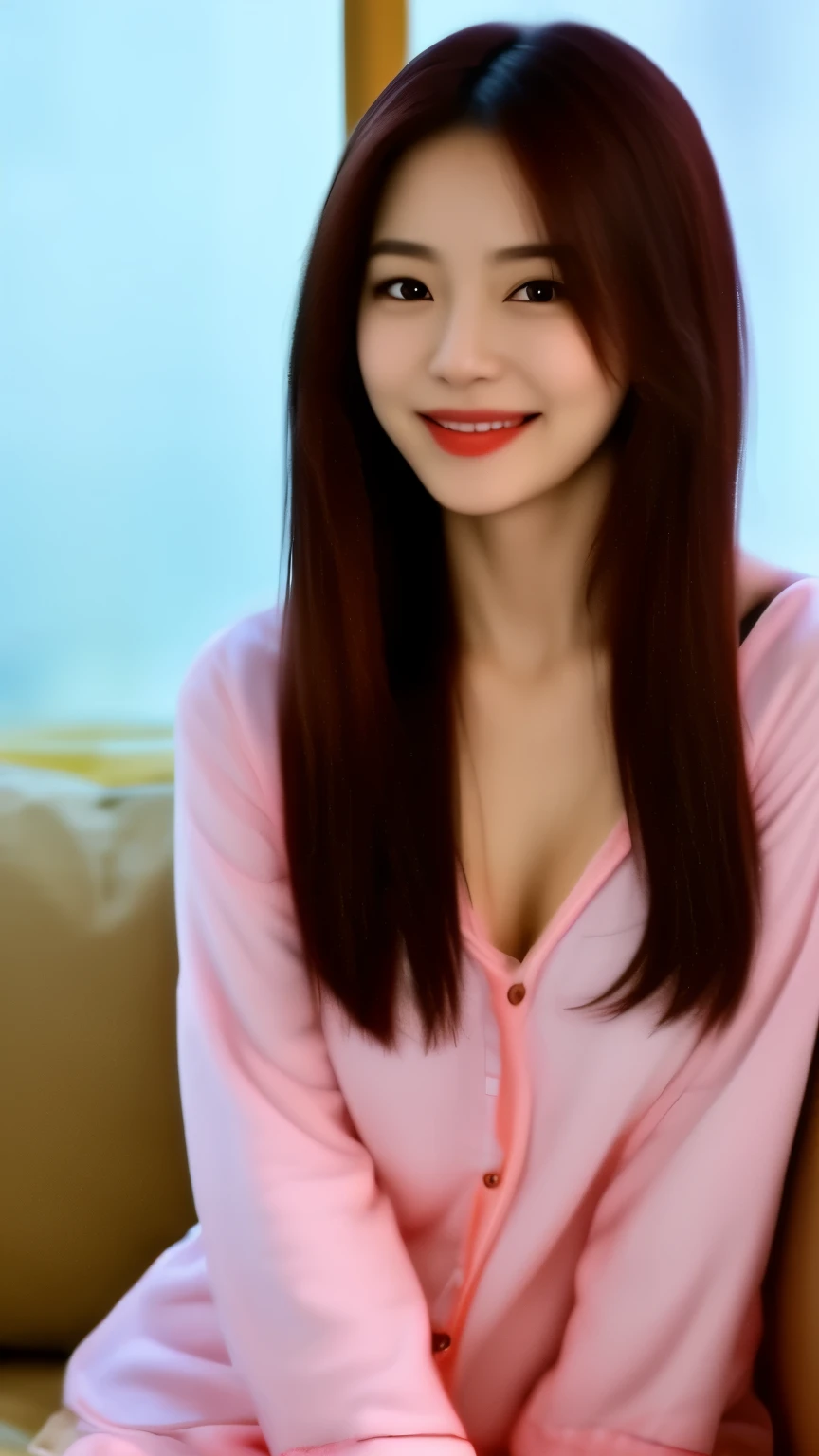 beautiful korean female, 34inch breasts size, straight long hair, slightly smile, wearing pyjamas, Stand and open the curtains to look out the window.night, UHD