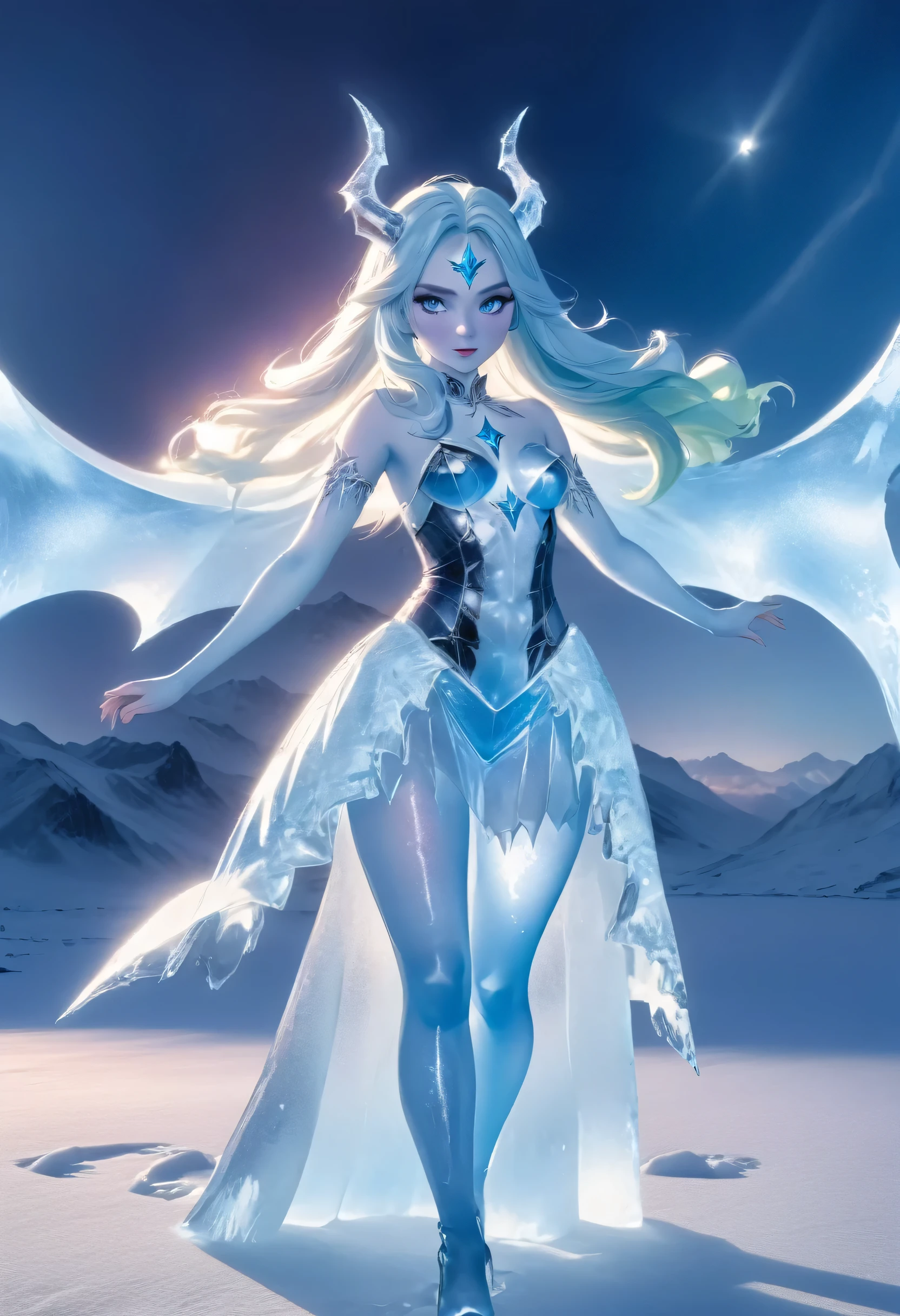 (8k, highest quality, masterpiece: 1.2), (realistic, realistic: 1.37), Super detailed, ((an ice female sexy demon:1))、Standing in the frozen snow field、Witch wearing pale armor, ((sexy costume:1)), SEXY female devil, ((aurora in the night sky)),  ((pale blue skin:1))