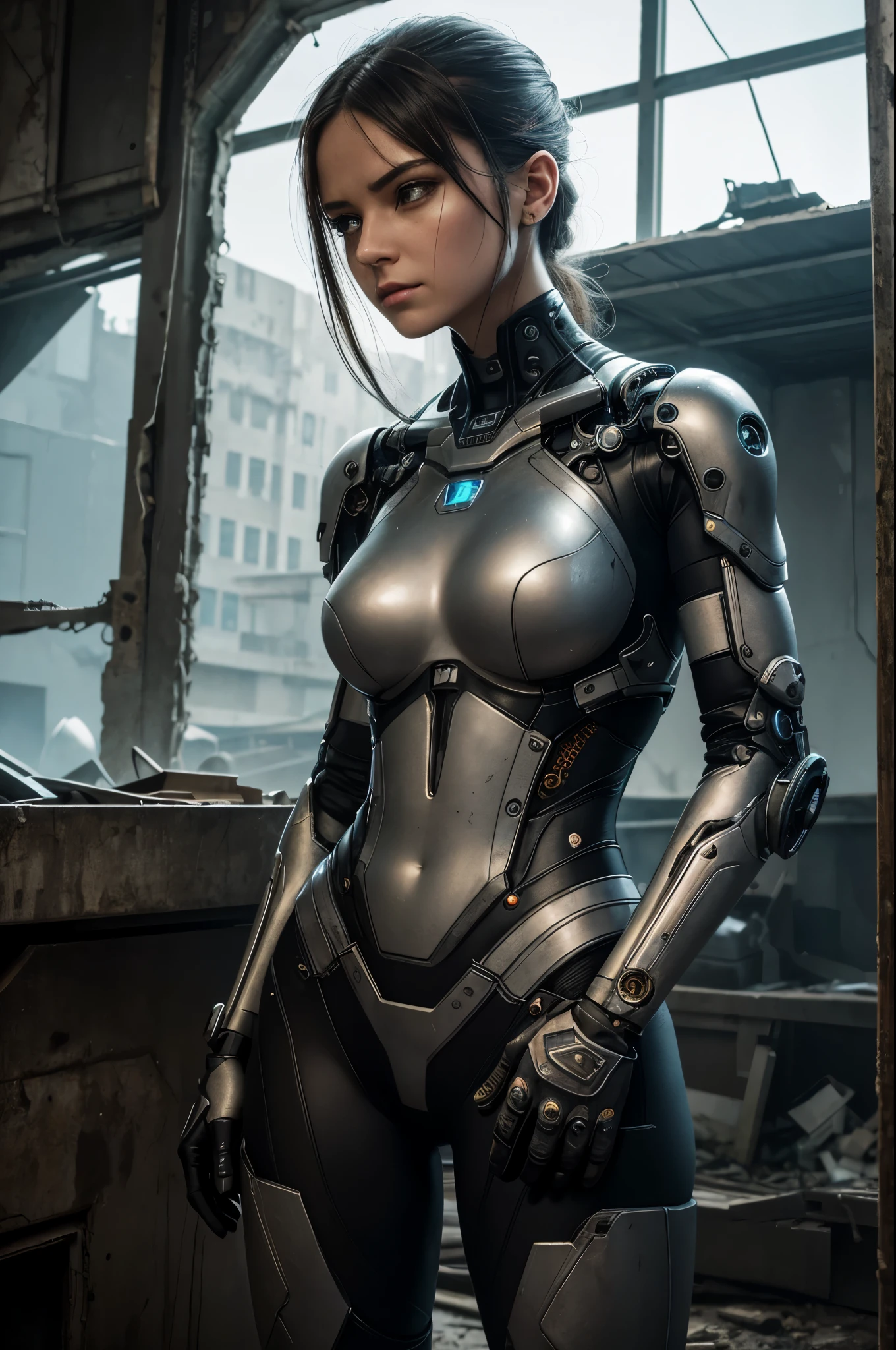 ray tracing, bokeh, Eye-Level Shot, 35mm, Canon, highres, anatomically correct, masterpiece, 8k, 4K, best quality, award winning, The cyborg woman stood in the center of the dilapidated bunker, her mechanical body seemingly an integral part of this gloomy space. Steel plates, tubes, and wires intertwined with her artificial flesh, forming a bizarre symbiosis of the human and the technological., Her face, devoid of the usual emotions, resembled a polished mask that hid something unknown. But her eyes, radiating a cold, calculating gaze, betrayed an undercurrent of strength and determination., The scattered pieces of furniture covered in dust testified to the abandonment of the place. However, the cyborg woman seemed completely unperturbed, as if this was her own world, separate from the rest., Her mysterious appearance and frozen posture gave off a sense of mystery. Perhaps she was waiting, watching, analyzing - or simply pondering her purpose in this dilapidated, homeless world. Her presence created an atmosphere of tension, as if she were the last bastion of technological superiority in this gloomy, abandoned bunke, 4K, 8k
