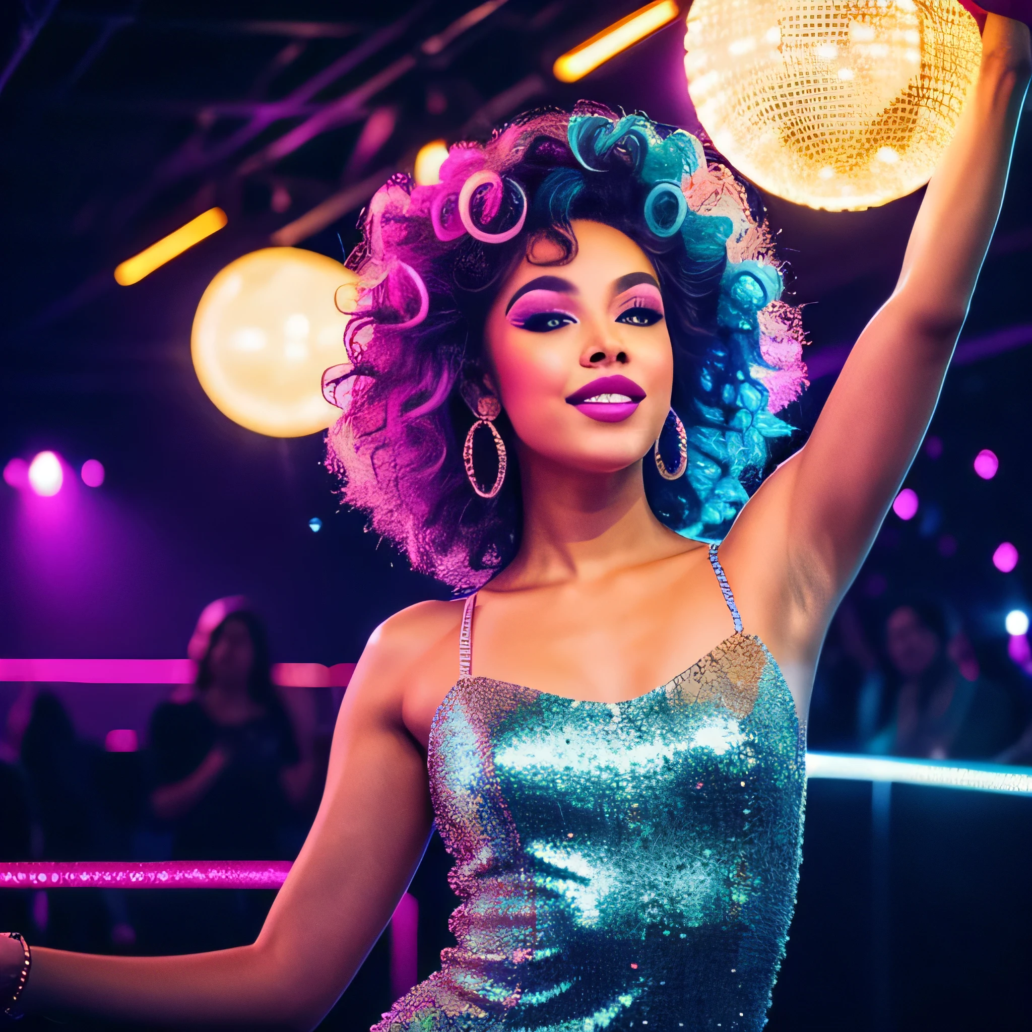 (a girl,detailed face) with beautiful detailed eyes,beautiful detailed lips,longeyelashes is dancing at a disco party in the style of the 1980s. She is wearing a colorful sequined dress and high heels, her hair styled in a voluminous perm. The disco lights reflect off her shiny outfit and the glitter on the dance floor, creating a vibrant and energetic atmosphere. The music is upbeat and the dance floor is crowded with people grooving to the rhythmic beats. The walls are adorned with neon lights and posters of famous music icons from the era, immersing everyone in the nostalgic ambiance. The girl's disco moves are full of energy and grace, as she effortlessly glides across the dance floor. The disco ball hanging from the ceiling casts mesmerizing reflections all around, adding to the disco fever. The colors in the scene are vibrant and vivid, with a retro-inspired color palette, including shades of electric blue, neon pink, and vibrant purple. The disco lights create dynamic patterns and flashes of bright colors, illuminating the entire space. The scene is filled with a sense of joy, excitement, and a carefree spirit, capturing the essence of the disco era. The image should be of the best quality with ultra-detailed and realistic features, capturing the essence of the girl and the disco party, with a microphone in his hands