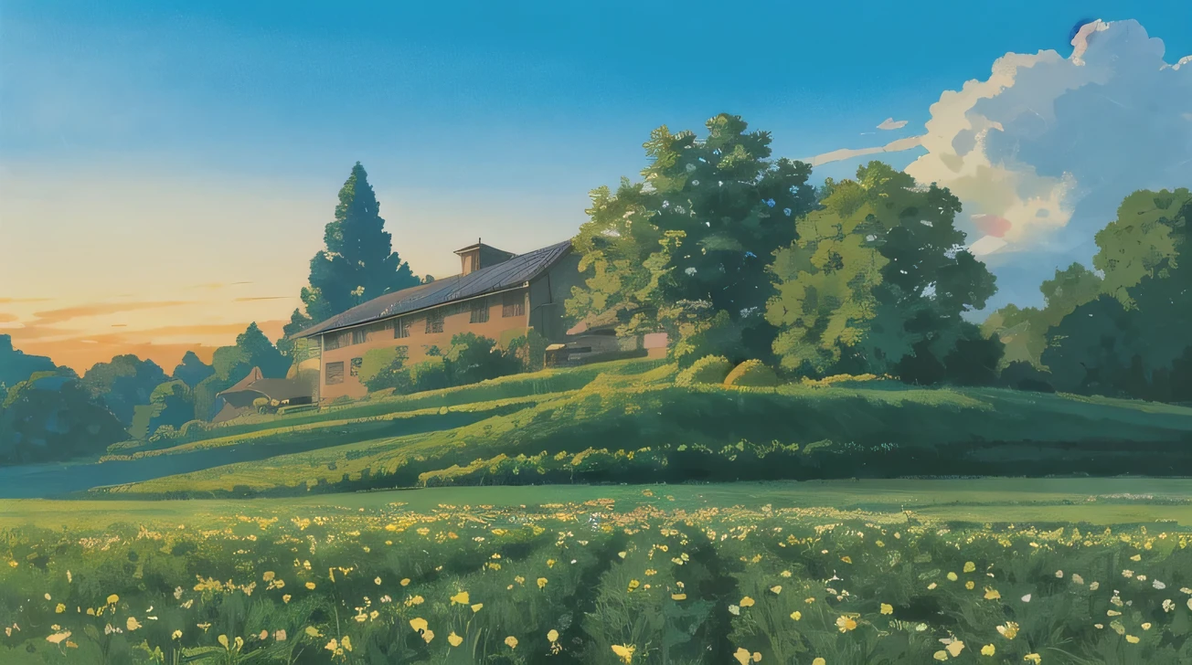 outdoor in the golden hour
Background Ghibli style village,
(fujifilm 16k) ,hyperrealistic, intricate detail, autolevel, dark, art nouveau, dramatic, desaturated, (expansive), intricate (Absurdres, Cinematic, UHD, higher, ultra detailed, ultra detailed), blue sky, cloud in the sky, green field, city, (big tree on the midle), sunset, ultra detailed city, ultra detailed flower field, ultra detailed tree