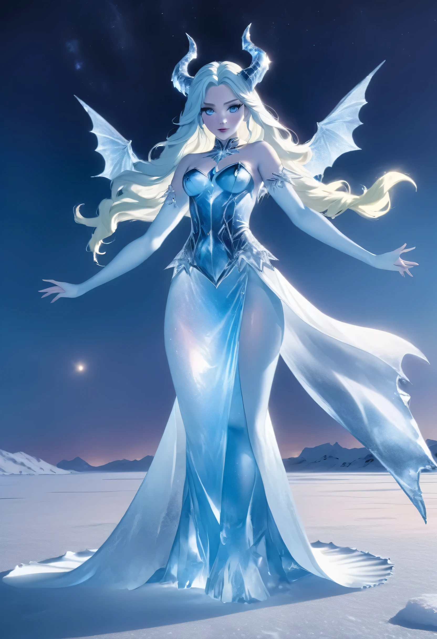 (8k, highest quality, masterpiece: 1.2), (realistic, realistic: 1.37), Super detailed, ((an ice female sexy demon:1))、Standing in the frozen snow field、Witch wearing pale armor, ((sexy costume:1)), SEXY female devil, ((aurora in the night sky)), ((pale blue skin:1))