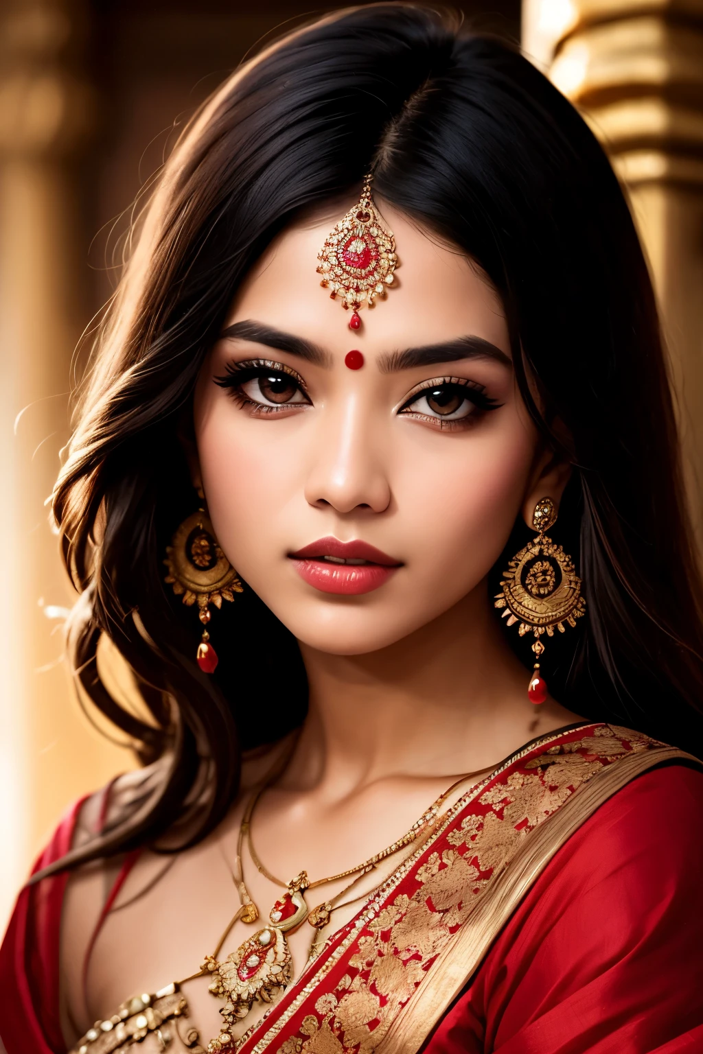 a close up of a woman in a sari posing for a picture, indian goddess, asian hyperdetailed, beautiful goddess, arabian beauty, seductive. highly detailed, a beautiful fantasy empress, extraordinarily detailed woman, statue of a perfect woman, statue of the perfect woman, beautiful alluring anime woman, very very realistic, gorgeous woman, sexy girl, detailed woman