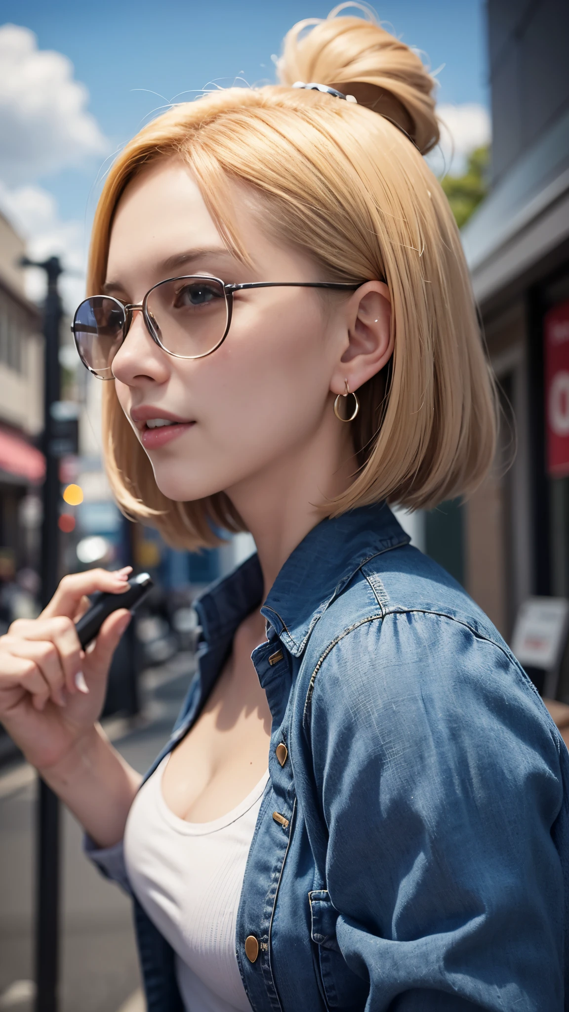highest quality, High resolution, AND18, 1 girl, android 18, alone, blonde hair, blue eyes, short hair, laughter，earrings, jewelry, denim dress, open vest, white t-shirt，distressed jeans，wearing sunglasses，small breasts, Pose with buttocks sticking out and turning around，street, (external expansion chest: 1.2)，best smile：1.5