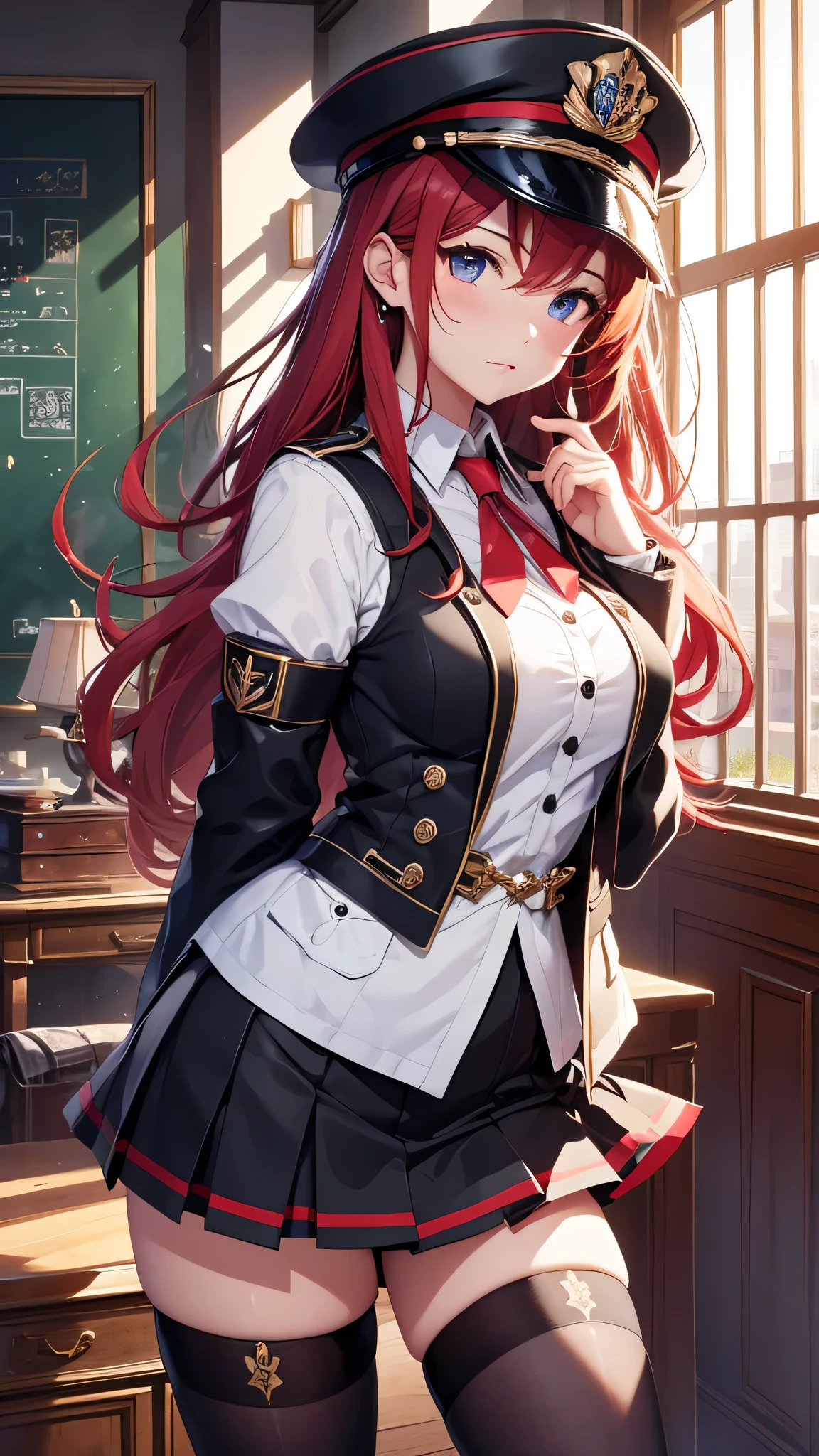 最high quality、best image quality、masterpiece、girl((18-year-old、 By becoming、vest bust、medium bust,wide open breast tea、shining eyes, glowing red hair、long hair、thin,highest valley、、black sailor suit、short skirt、Wristband、black gloves、hat、Tsundere)),high quality、beautiful art、background((luxurious school))、Flight、debris flies、Depth of written boundary、movie、visual art、perfect art、8K,genuine、