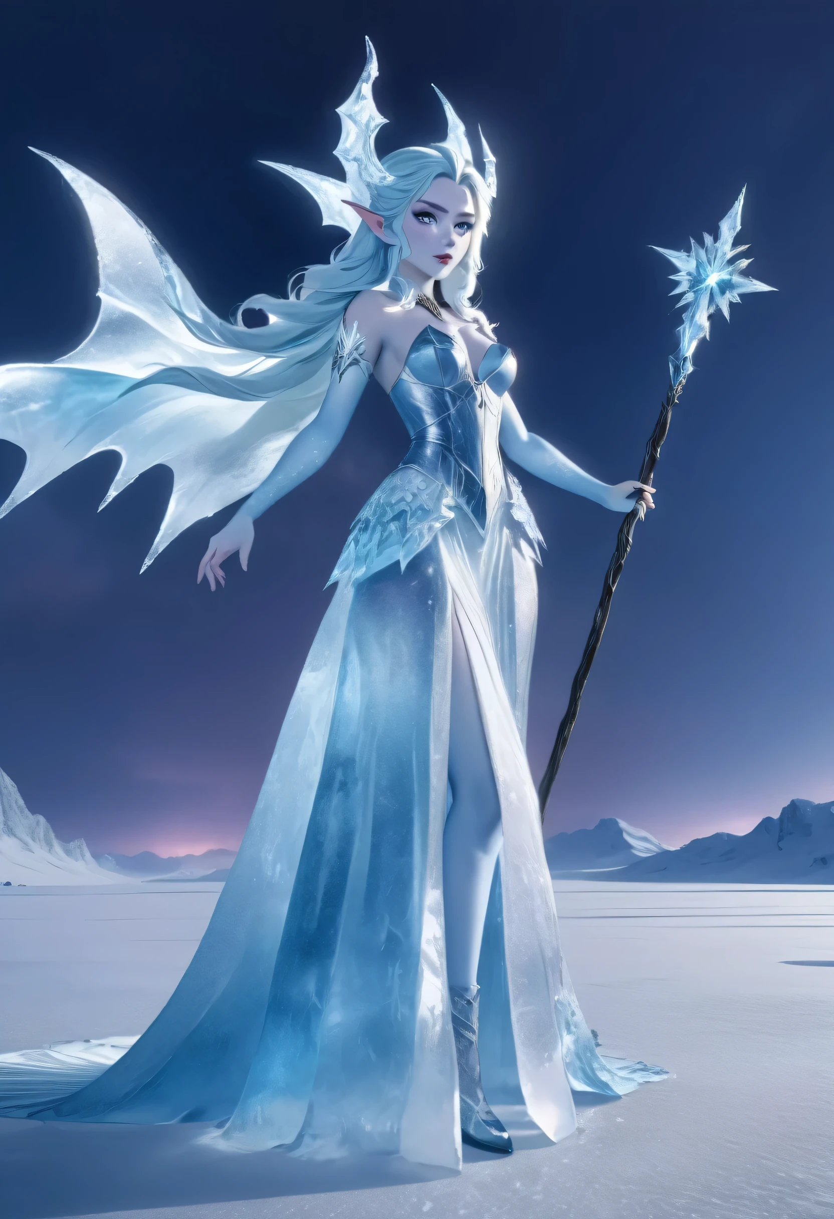 (8k, highest quality, masterpiece: 1.2), (realistic, realistic: 1.37), Super detailed, ((an ice female sexy demon:1))、Standing in the frozen snow field、Witch wearing pale armor, ((sexy costume:1)), SEXY female devil, ((aurora in the night sky)),  ((pale blue skin:1))