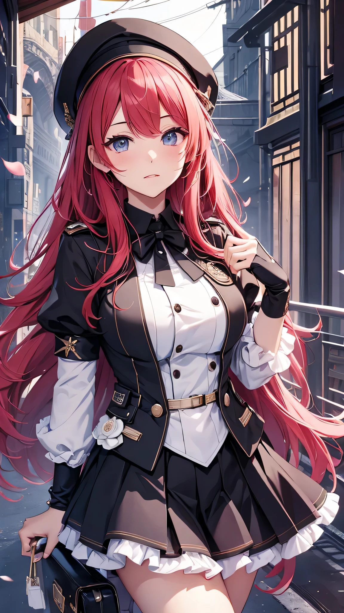 最high quality、best image quality、masterpiece、girl((18-year-old、 By becoming、vest bust、medium bust,wide open breast tea、shining eyes, glowing red hair、long hair、thin,highest valley、、black sailor suit、short skirt、Wristband、black gloves、hat、Tsundere)),high quality、beautiful art、background((luxurious school))、Flight、debris flies、Depth of written boundary、movie、visual art、perfect art、8K,genuine、