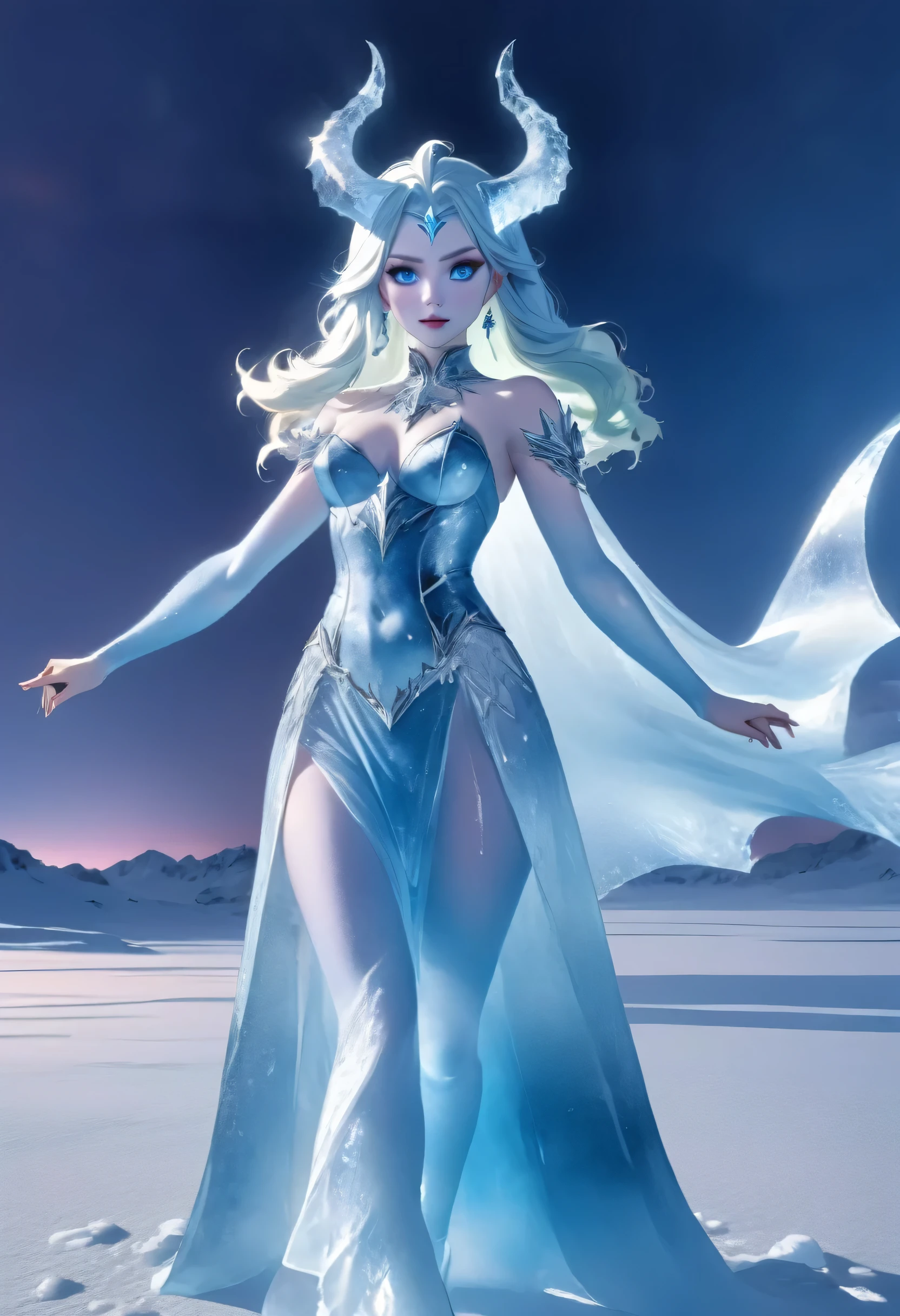 (8k, highest quality, masterpiece: 1.2), (realistic, realistic: 1.37), Super detailed, ((an ice female sexy demon:1))、Standing in the frozen snow field、Witch wearing pale armor, ((sexy costume:1)), SEXY female devil, ((aurora in the night sky)), ((pale blue skin:1))