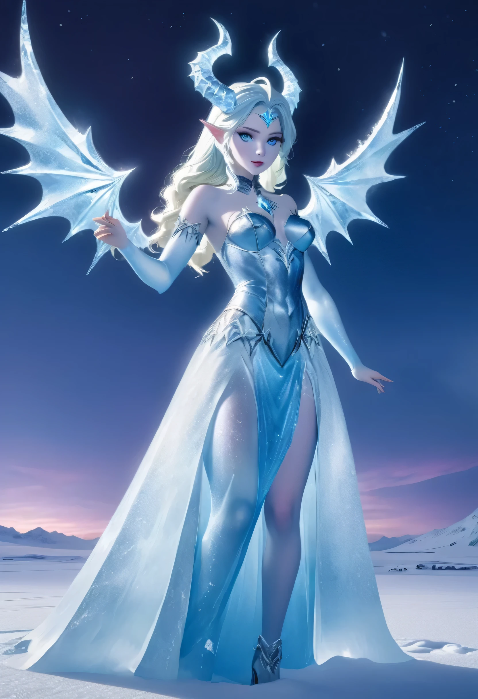 (8k, highest quality, masterpiece: 1.2), (realistic, realistic: 1.37), Super detailed, ((an ice female sexy demon:1))、Standing in the frozen snow field、Witch wearing pale armor, ((sexy costume:1)), SEXY female devil, ((aurora in the night sky)),  ((pale blue skin:1))