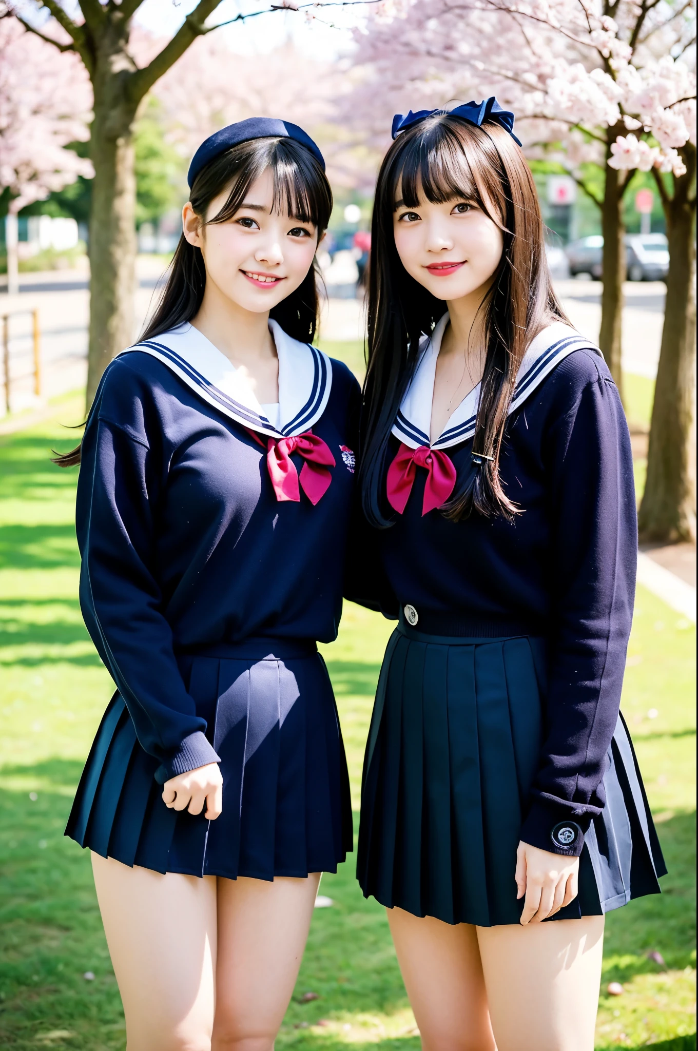 2 girls standing under cherry blossoms at bus stop,navy blue long-sleeved sailor school swimsuit with red bow tie,navy blue pleated skirt,school bag,18-year-old,bangs,a little smile,thighs,knees,straight hair with barrette,from below,front light