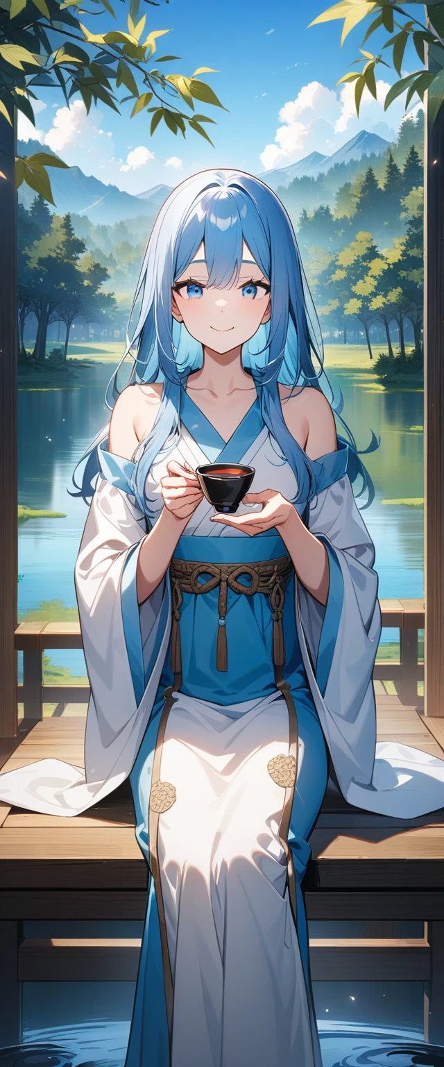 masterpiece, best quality, official art, 8k wallpaper, Very detailed, illustration, 1 boy, Chinese style, ink, sky blue hair, long hair, delicate eyes, Forrest Gump Fun, bare shoulders, hanfu, lake, pure, gentle smile, bamboo, Tea