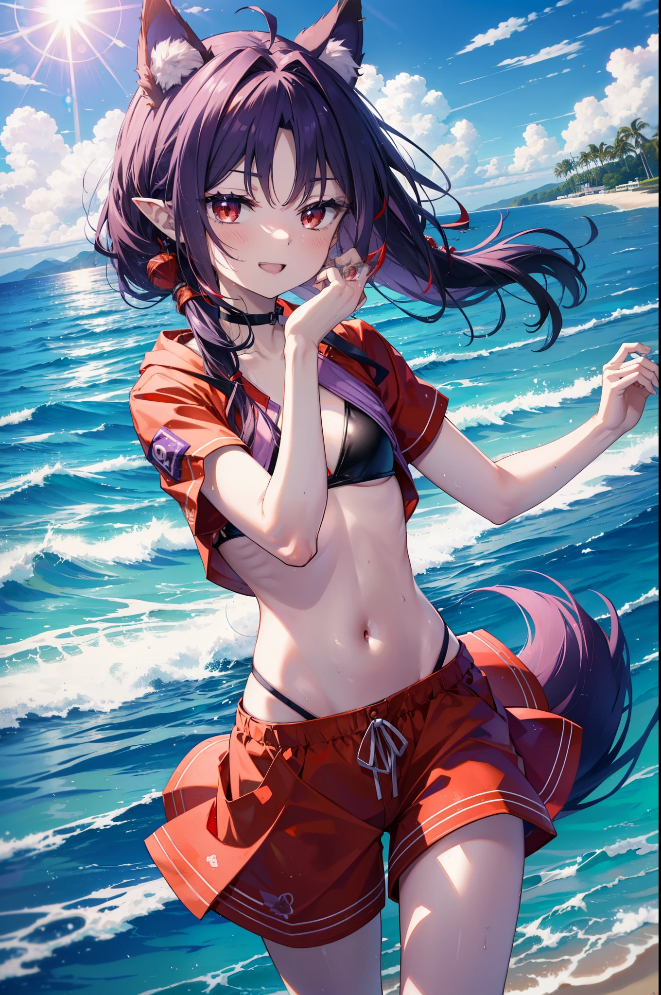 yuukikonno, Yuki Konno, hair band, long hair, pointy ears, purple hair, (red eyes:1.5),happy smile, smile, open your mouth, Are standing,
From above, (small breasts:1.2), ,dog ears,animal ears　dog tail,Red Bikini Swimsuit,purple short sleeve hoodie　Front open,,short denim pants,barefoot,barefoot,beach, sandy beach,Palm tree,Midsummer,Light of the sun,noon,
break looking at viewer, Upper body, whole body, (cowboy shot:1. 5
break outdoors, beach,
break (masterpiece:1.2), highest quality, High resolution, unity 8k wallpaper, (shape:0.8), (beautiful deしっぽed eyes:1.6), extremely deしっぽed face, perfect lighting, extremely deしっぽed CG, (perfect hands, perfect anatomy),