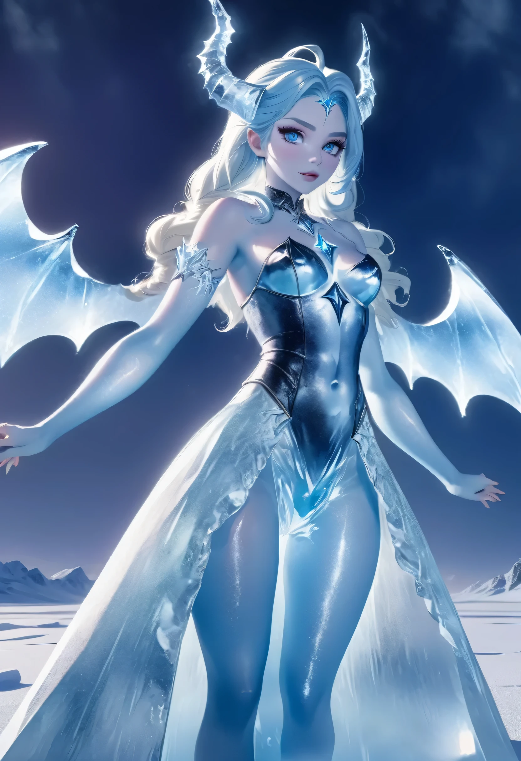 (8k, highest quality, masterpiece: 1.2), (realistic, realistic: 1.37), Super detailed, ((an ice female sexy demon:1))、Standing in the frozen snow field、Witch wearing pale armor, ((sexy costume:1)), SEXY female devil, ((aurora in the night sky)),  ((pale blue skin:1))