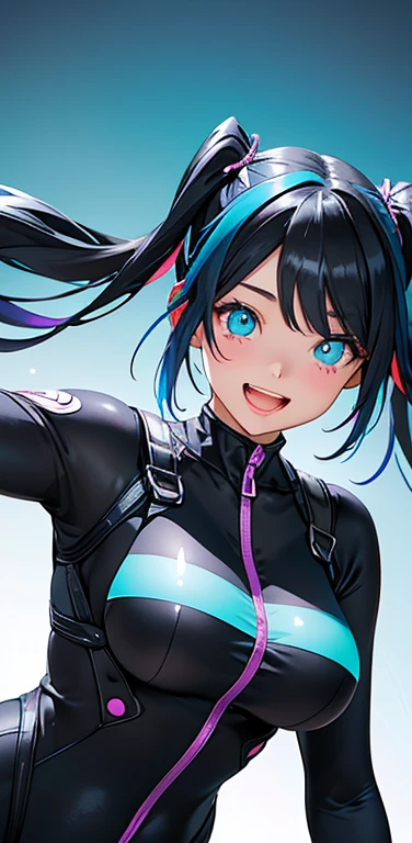 Realistic、1girl、black hair、(twintails),aqua eyes、open stance,(middle hair),(eye focus:1.3,upper body),(gradient eyes:1.3),(body suit:1.3
)、(Open mouth happy smile:1.3),cute face、,(tareme:1.3),(large breasts),(pop of color background:1.5)
