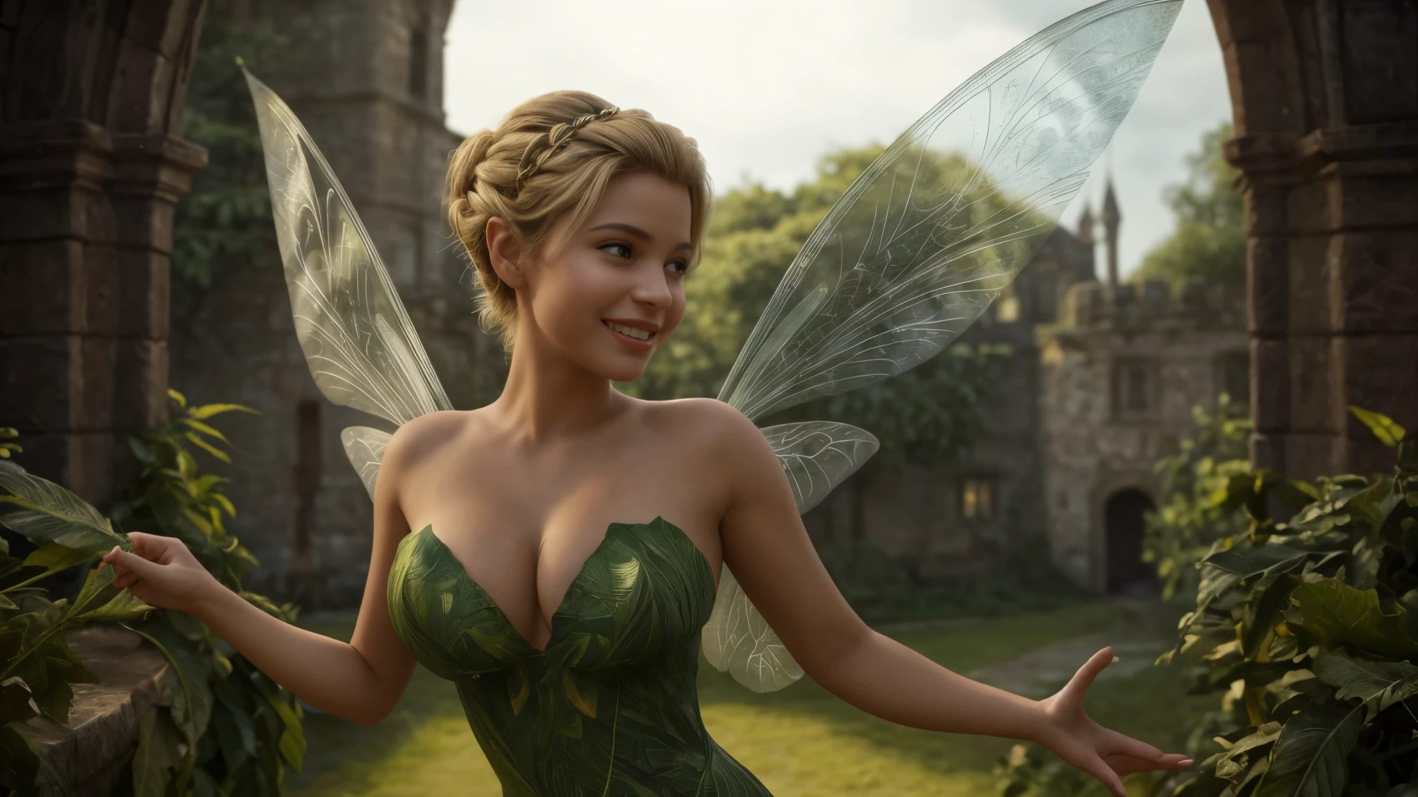 Isabela Merced and friend kissing, (masterpiece:1.4), (best quality:1.2), (photorealistic:1.37), ultra-detailed, highly detailed, 8K, (a realistic life-like picture of Tinkerbell), (wearing a green dress made out of large leaves), (transparent fairy wings:1.1), (hair in a single bun on top of her head:1.2), (tidy hair), (pretty face:1.2), (very large breasts:1.4), (white skin:1.2), (((pixie wings on her back on both sides))), in a scary castle, smiling with a closed mouth