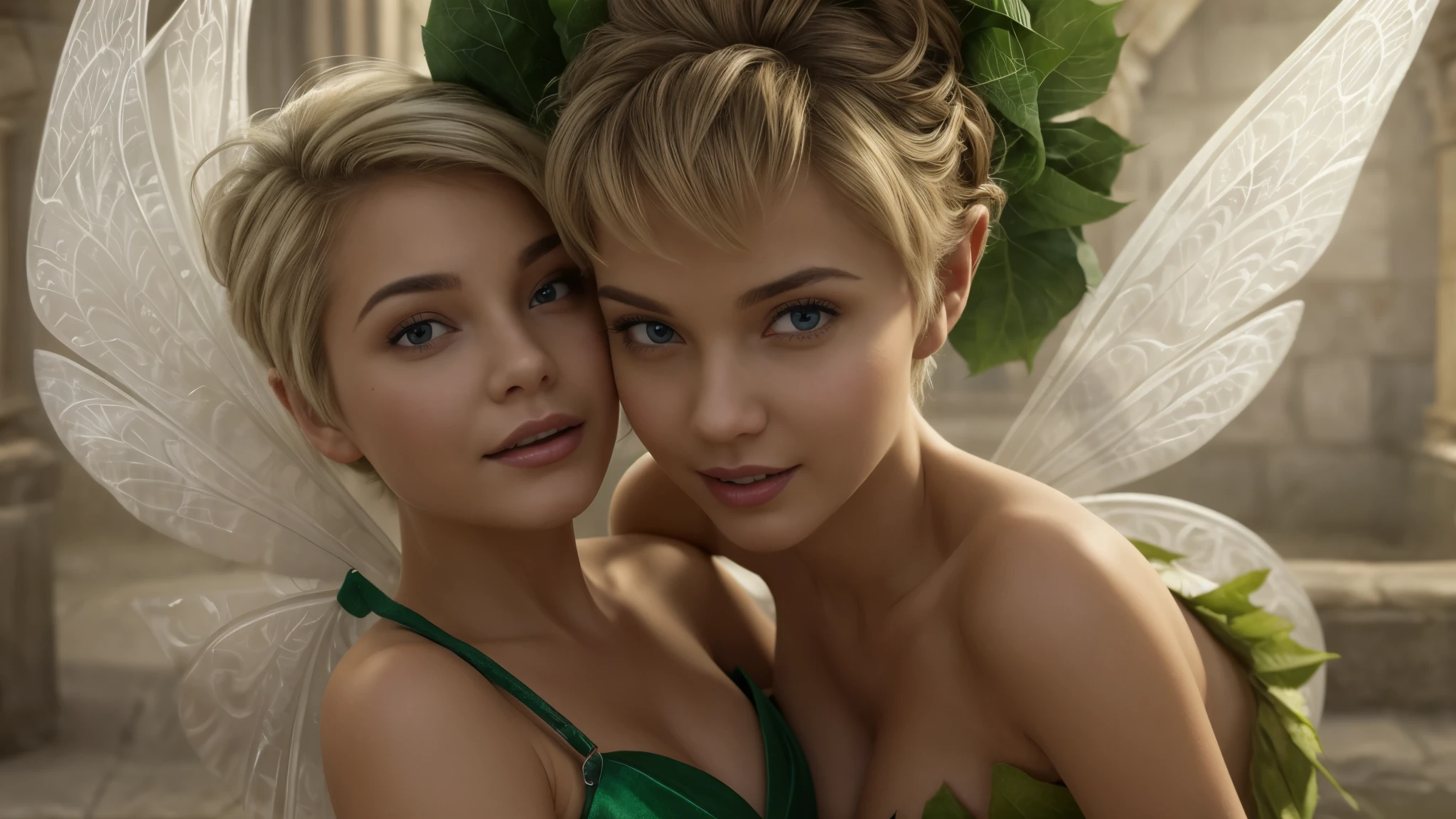 Isabela Merced and friend kissing:1.3, (masterpiece:1.4), (best quality:1.2), (photorealistic:1.37), ultra-detailed, highly detailed, 8K, (a realistic life-like picture of Tinkerbell), (wearing a green dress made out of large leaves), (transparent fairy wings:1.1), (hair in a single bun on top of her head:1.2), (tidy hair), (pretty face:1.2), (very large breasts:1.4), (white skin:1.2), (((pixie wings on her back on both sides))), in a scary castle, smiling with a closed mouth