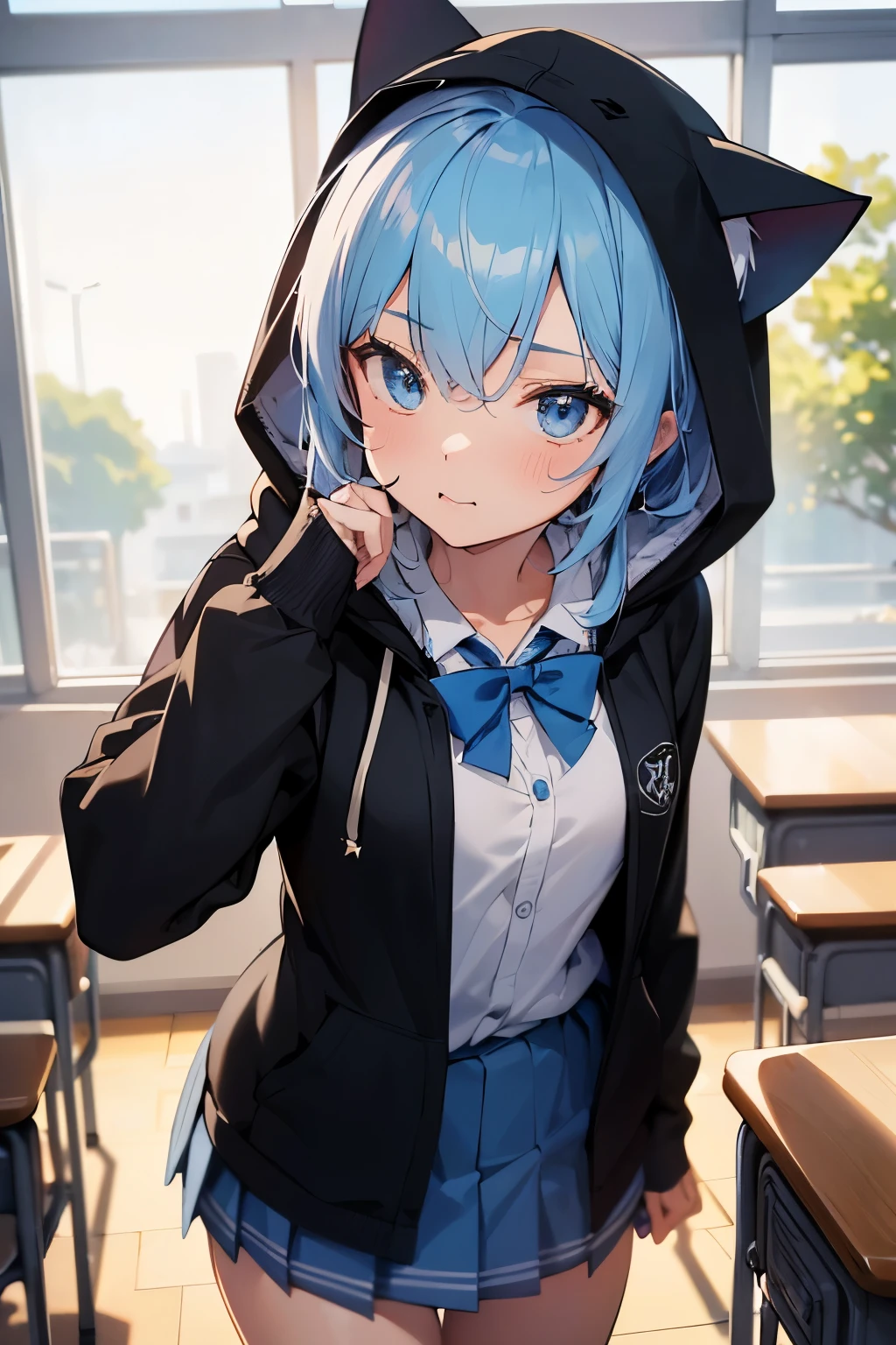 1 girl, , UHD, retina, masterpiece, Accurate, anatomically correct, rough skin, Super detailed, advanced details, high quality, Award history, 最high quality, High resolution, hd, 4k,(anime,8K,masterpiece, 最high quality, 最high quality,beautiful and aesthetic:1.2,professional illustration:1.1,Super detailed:1.3,perfect lighting),very detailed,most detailed,High resolution,cute pose，embarrassing，light blue hair，classroom，(wear uniform inside:1.5)，(school uniform:1.5)，black hoodie，(Hoodie with cat ear hood:1.5)，(open clothes:1.5)，incoming kiss，face on focus，cowboy shot，from above