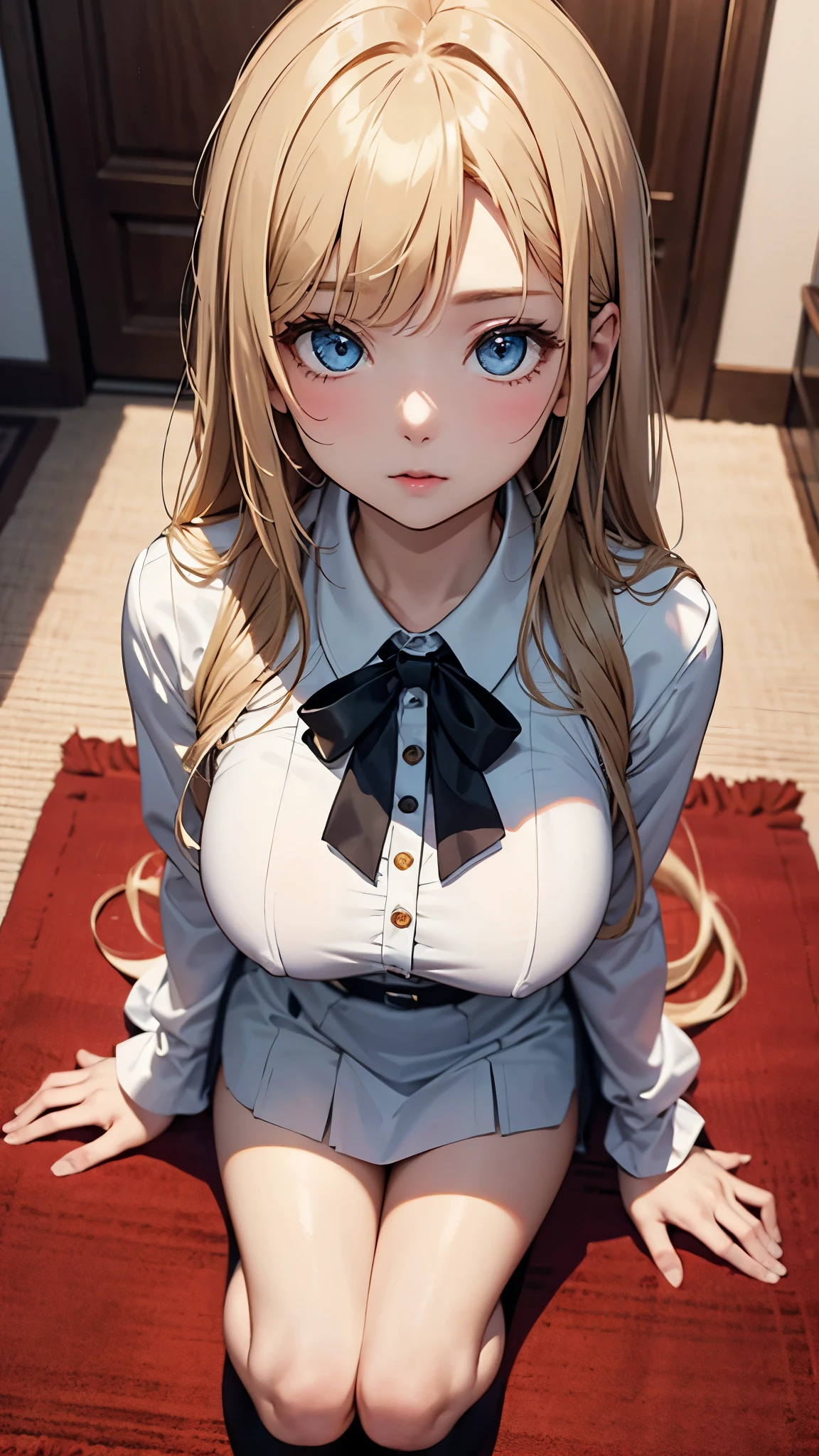 masterpiece、highest quality、1 girl、from the chest up,22 years old、blonde、（straight hair）,beautiful hair、With bangs,dye the cheeks、blue eyes,（big breasts）,（white blouse）、（living）,sitting on the carpet,aerial perspective、