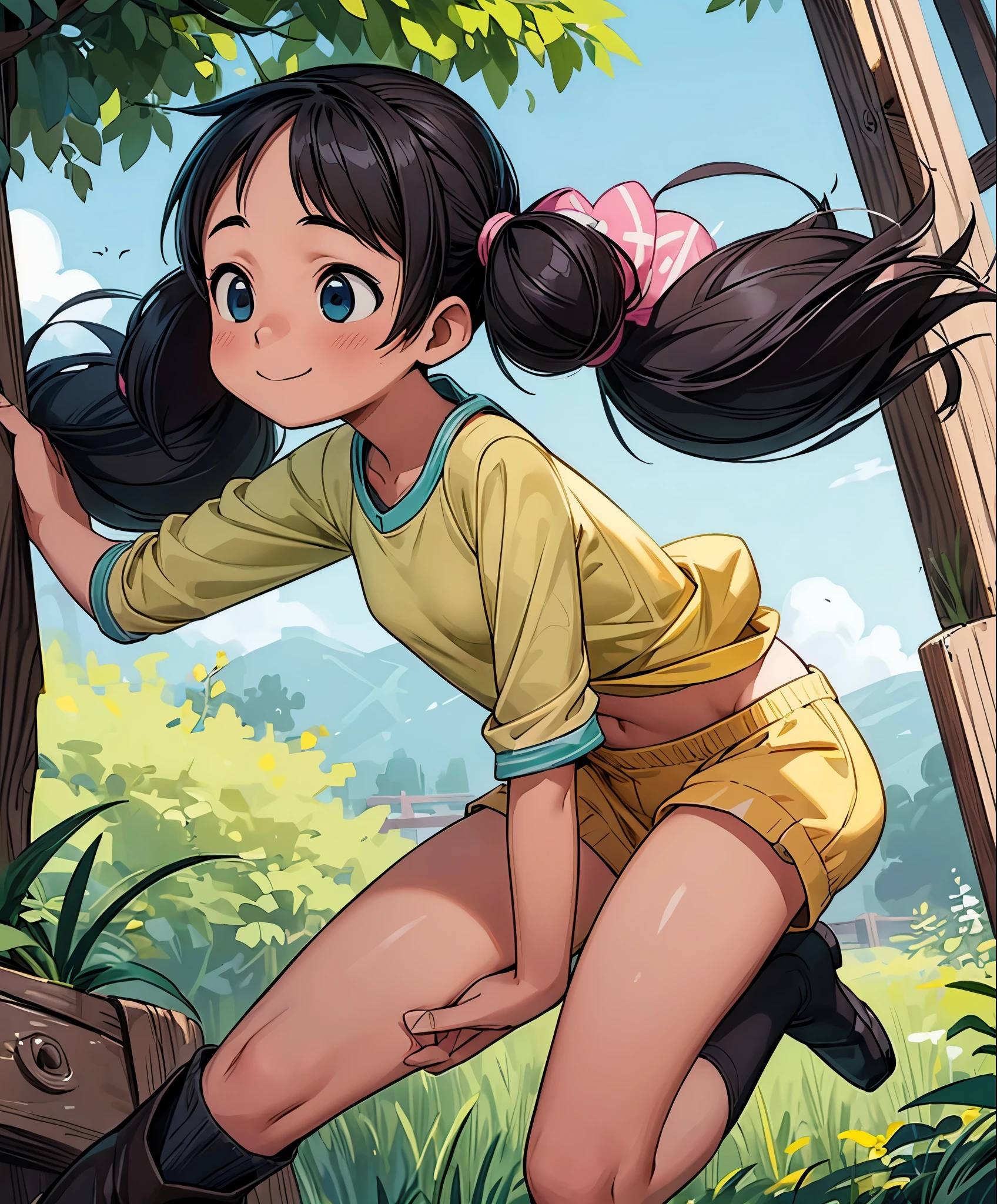 (masterpiece、highest quality、highest quality、official art、beautiful beautiful:1.2)、(1 girl:1.3)Hatsune Miku、twin tails,big breasts,table top、highest quality、High resolution、1 girl、alone、low length、thin legs、belly button、shy smile、、dark brown hair、bun hair、blue eyes、長いtwin tails、visor cap、((black knee socks、boots))、raglan sleeves、((yellow shorts))、shirt、pink ribbon、clock、plateau、overgrown with grass、A photo of the subject taken from below、(Are standing)、sexual pose