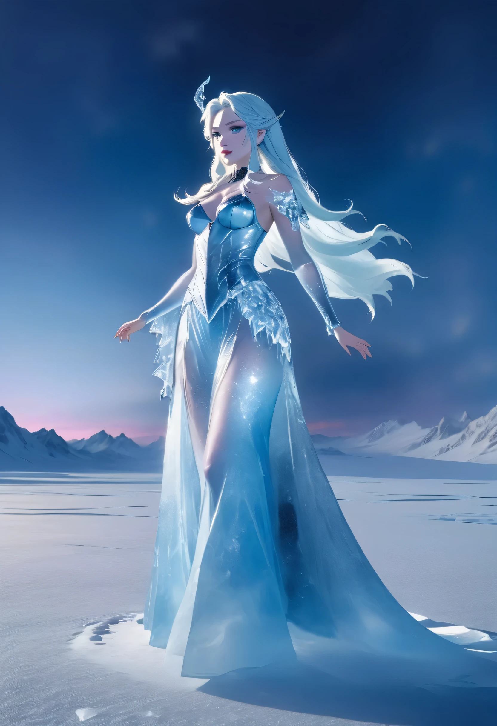 (8k, highest quality, masterpiece: 1.2), (realistic, realistic: 1.37), Super detailed, ((an ice female sexy demon:1))、Standing in the frozen snow field、Witch wearing pale armor, ((sexy costume:1)), SEXY female devil, ((aurora in the night sky)), ((pale blue skin:1))