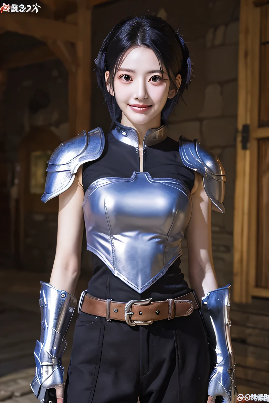 highest resolution, 4k, masterpiece: 1.3), japanese mature, women pictures, sexy, fine eyes, slender body shape, realistic teeth, double eyelid, full body, highest quality, become familiar with, equipped with armor, in a fantasy world, The background is a castle、black hair、smile、beautiful teeth、full body photo、hairstyle short cut、luxurious silver armor、Dragon Helm