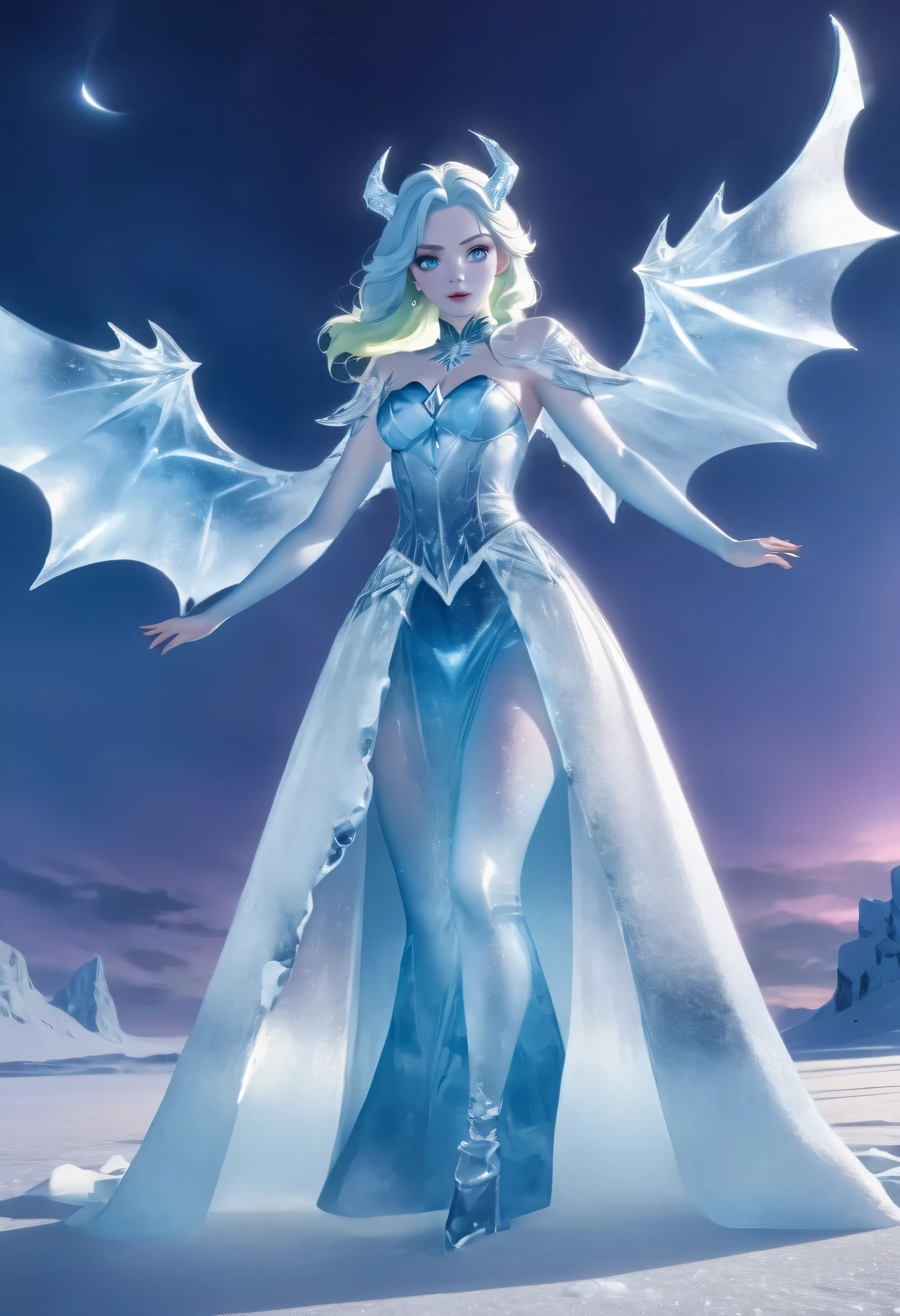 (8k, highest quality, masterpiece: 1.2), (realistic, realistic: 1.37), Super detailed, ((an ice female sexy demon:1))、Standing in the frozen snow field、Witch wearing pale armor, ((sexy costume:1)), SEXY female devil, ((aurora in the night sky)), ((pale blue skin:1))