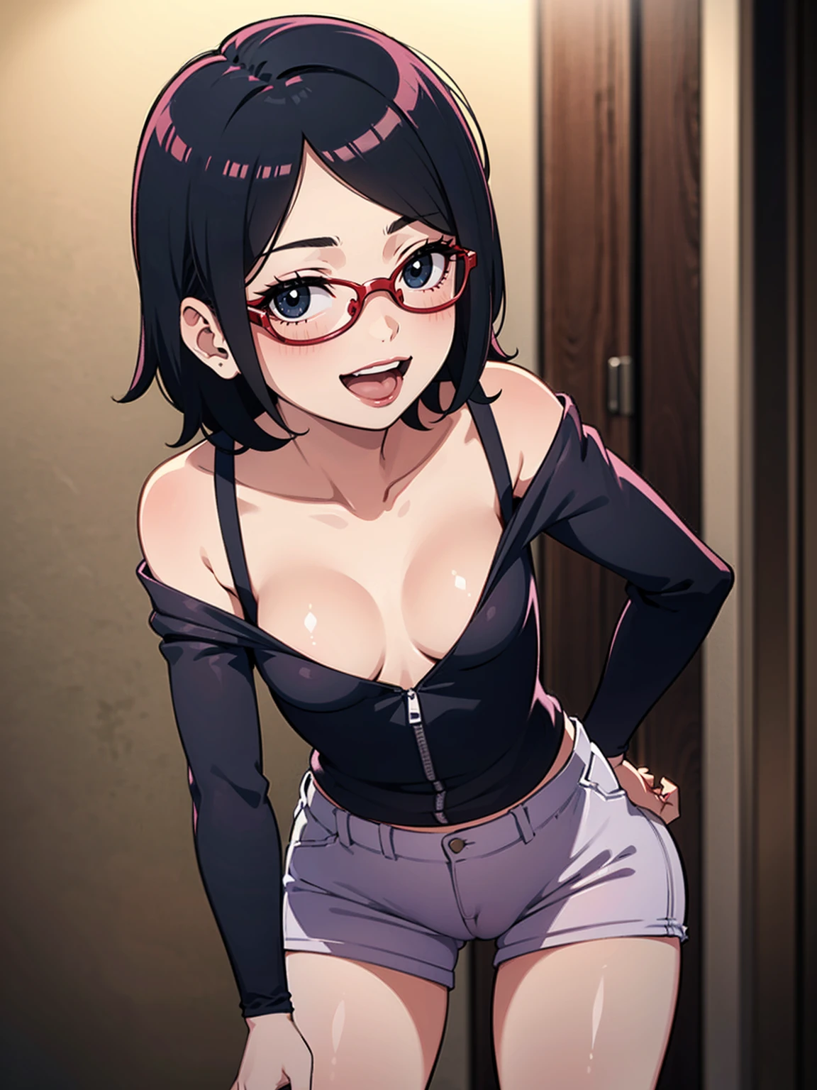 (1girl, solo, alone), (WakatsukiRisa, Sarada Uchiha, black hair, short hair, black eyes, red glasses), ((solo, (1woman, pink lipstick, black eyes), Extremely detailed, ambient soft lighting, 4k, perfect eyes, a perfect face, perfect lighting, a 1girl)), ((anime screencap, blackhair, short hair, black, glasses, sarada, black eyes,skinny, absurdres , 1girl, small breasts, solo, cleavage, open mouth, looking at viewer, smile, leaning forward, from the front, downblouse, blush, collarbone, low-tied, short hair, small breasts, obi, off shoulder, small breasts, :d, bent over cameltoe, visible cameltoe, same color as shorts))