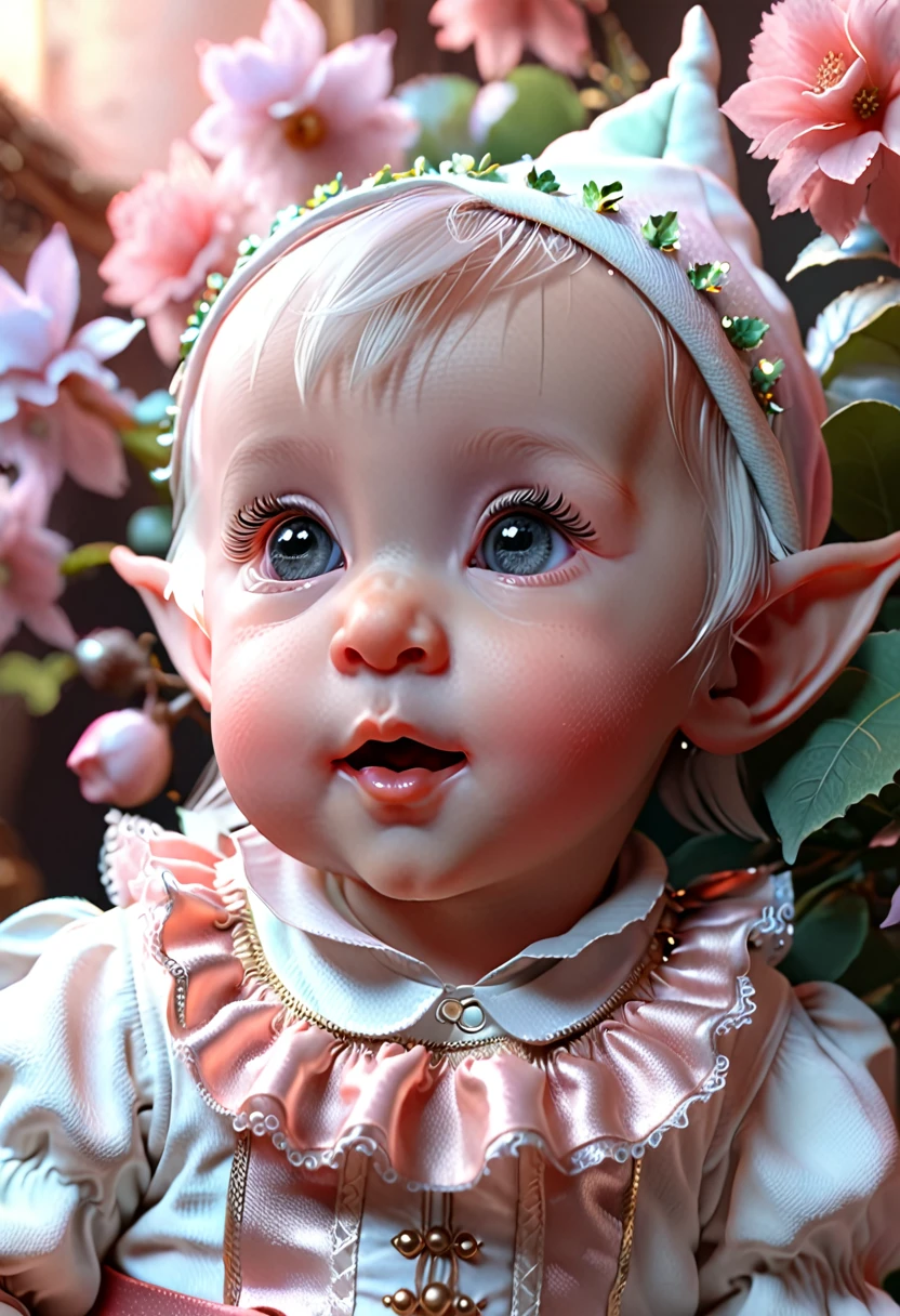 Kawaii-style baby elf, oversized eyes, gentle smile, serene dreamscape background, pastel color palette, ethereal abstract atmosphere, ultra-high-definition 4K, 4D depth, immersive detail, 8K UHD resolution, conceptual art, 3D render, reminiscent of Paintings by J. Willem Enraets, the Brothers Grimm, Jean Baptiste Monge, Fragonard